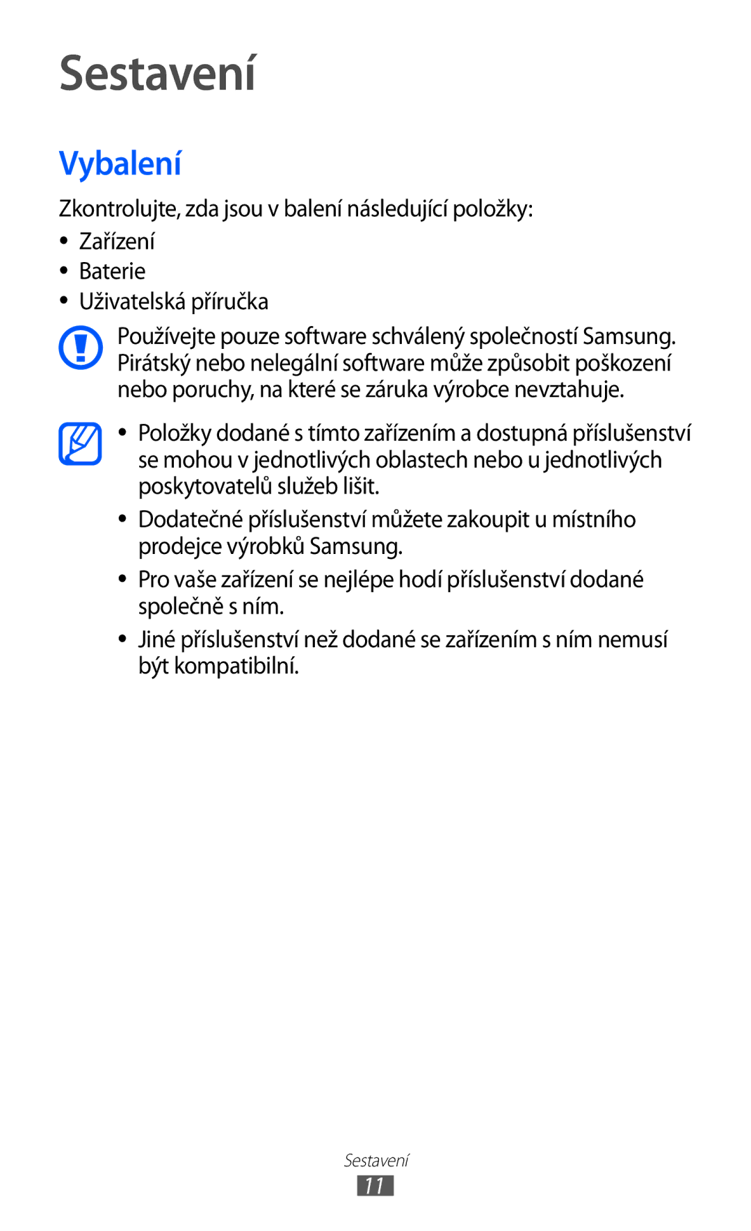 Samsung YP-G1CW/XEZ, YP-GI1CW/ROM, YP-GI1CW/XEZ manual Sestavení, Vybalení 