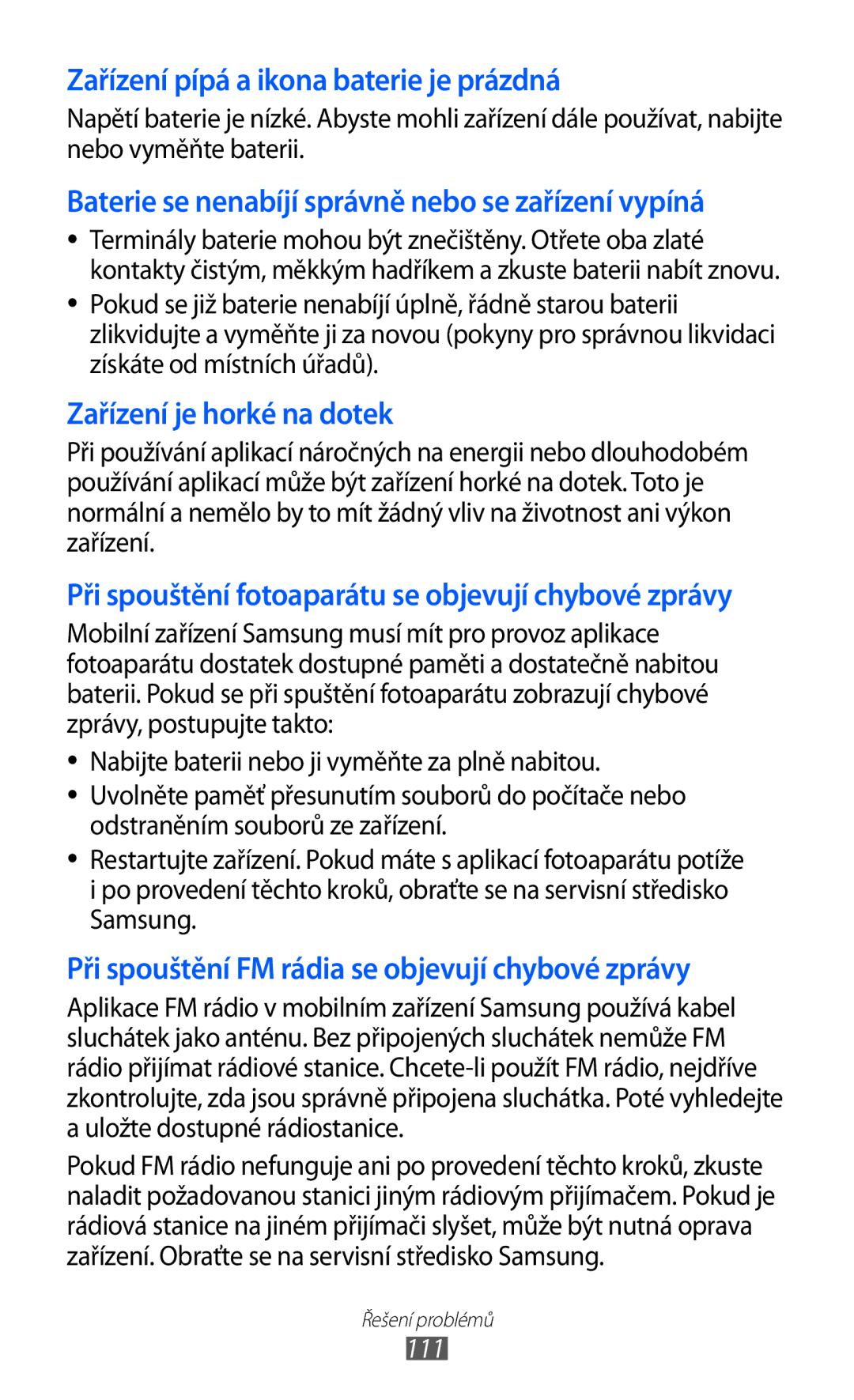 Samsung YP-GI1CW/ROM, YP-GI1CW/XEZ, YP-G1CW/XEZ manual Zařízení pípá a ikona baterie je prázdná, 111 