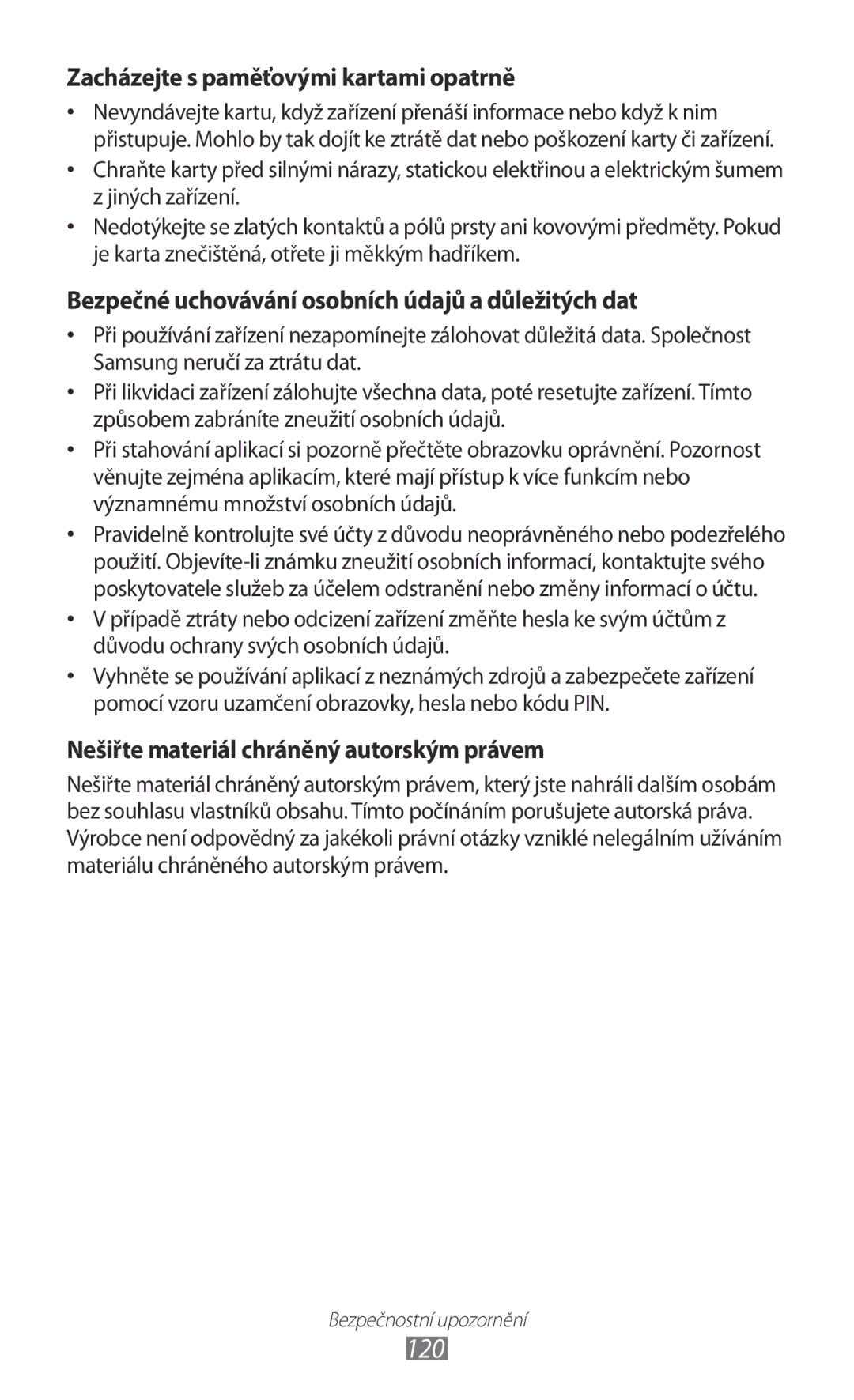 Samsung YP-GI1CW/ROM, YP-GI1CW/XEZ, YP-G1CW/XEZ manual 120, Zacházejte s paměťovými kartami opatrně 