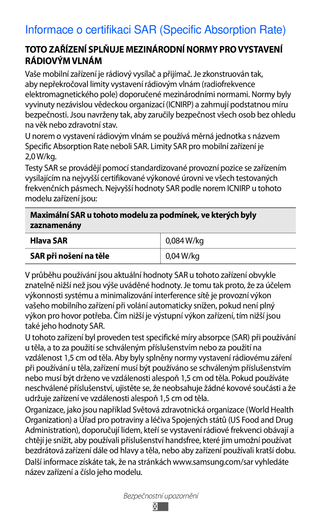 Samsung YP-GI1CW/XEZ, YP-GI1CW/ROM, YP-G1CW/XEZ manual Informace o certifikaci SAR Specific Absorption Rate, 121 