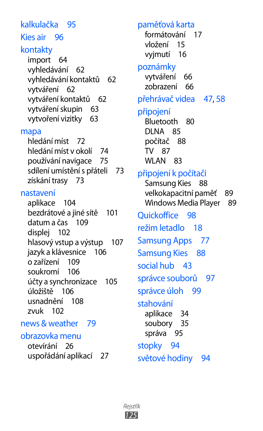 Samsung YP-G1CW/XEZ, YP-GI1CW/ROM, YP-GI1CW/XEZ manual Kalkulačka 95 Kies air 96 kontakty, 125 