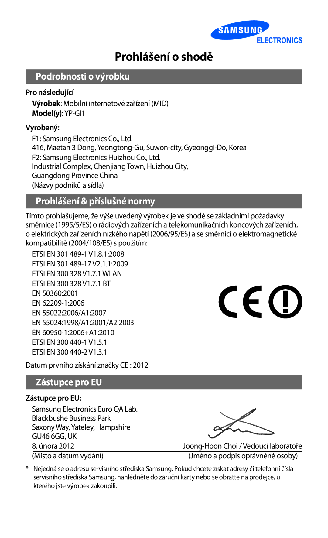 Samsung YP-GI1CW/XEZ, YP-GI1CW/ROM, YP-G1CW/XEZ manual Prohlášení o shodě 