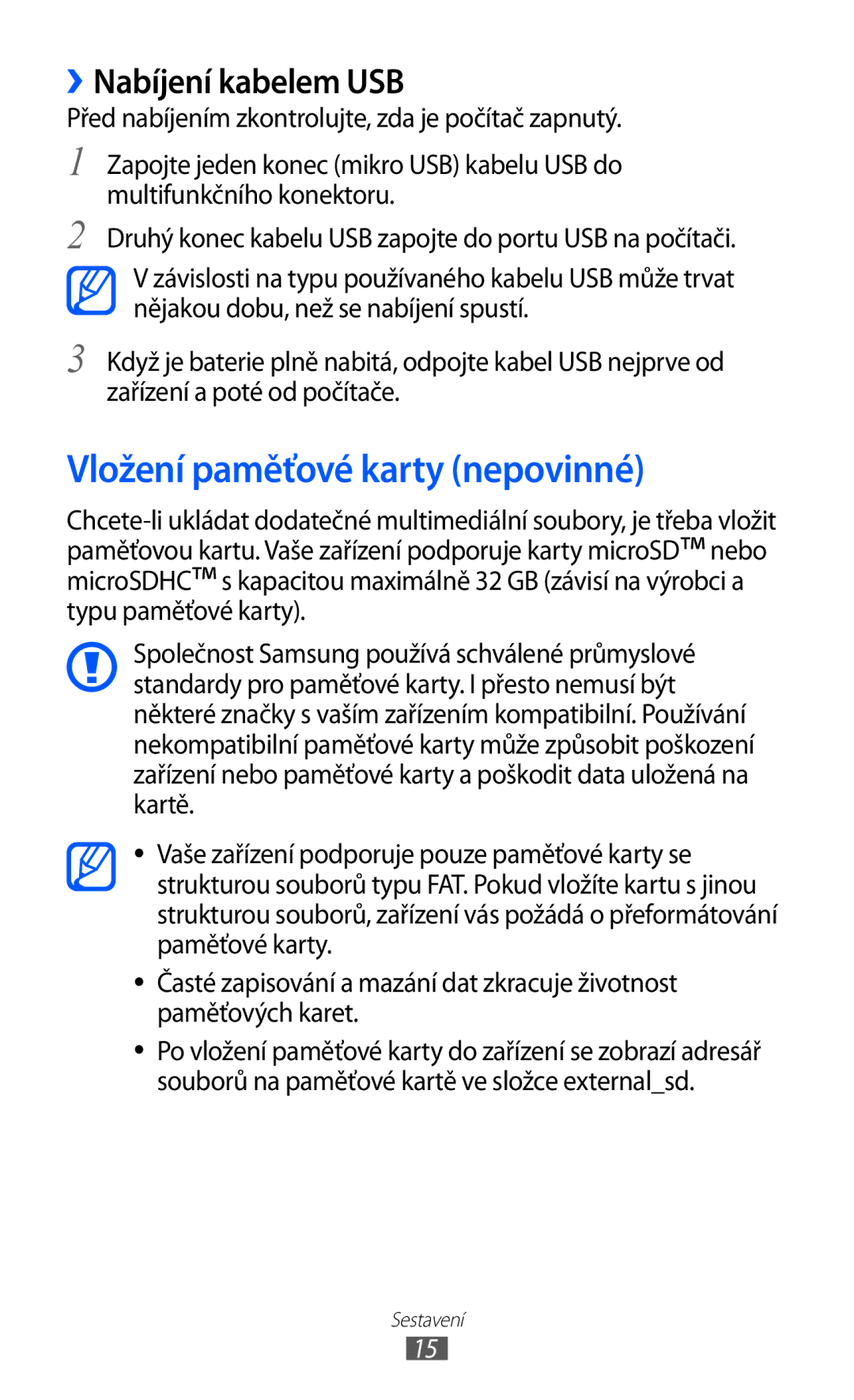 Samsung YP-GI1CW/ROM, YP-GI1CW/XEZ, YP-G1CW/XEZ manual Vložení paměťové karty nepovinné, ››Nabíjení kabelem USB 