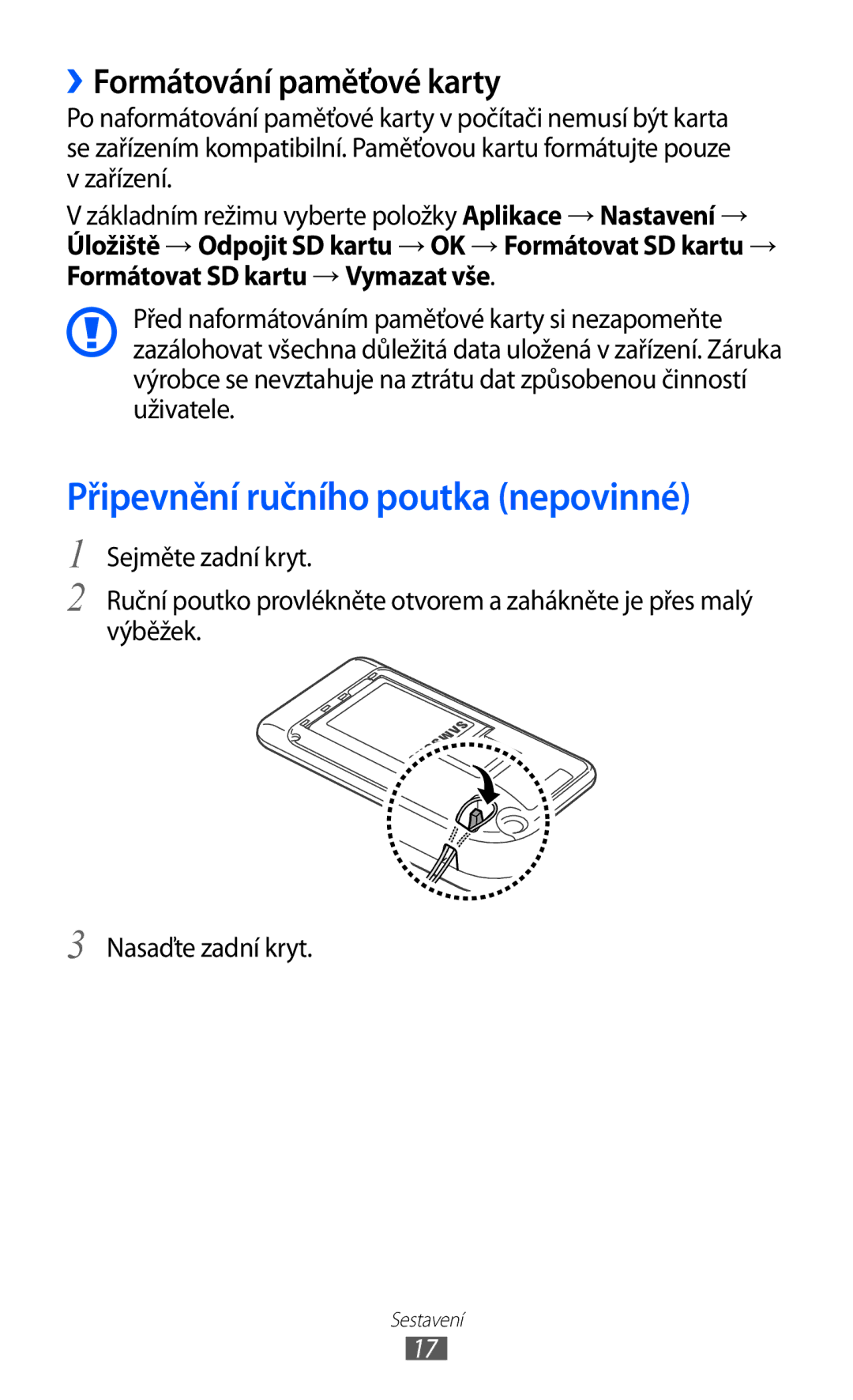 Samsung YP-G1CW/XEZ, YP-GI1CW/ROM, YP-GI1CW/XEZ manual Připevnění ručního poutka nepovinné, ››Formátování paměťové karty 