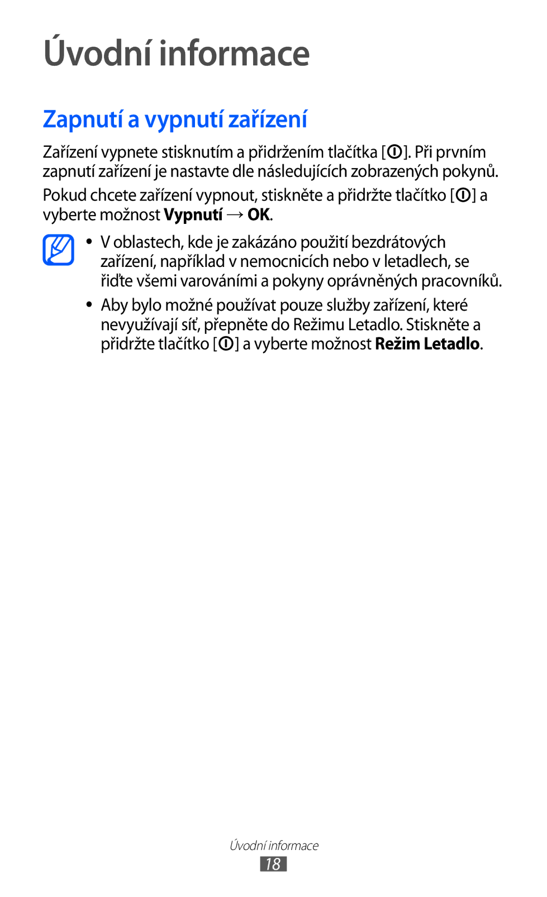 Samsung YP-GI1CW/ROM, YP-GI1CW/XEZ, YP-G1CW/XEZ manual Úvodní informace, Zapnutí a vypnutí zařízení 