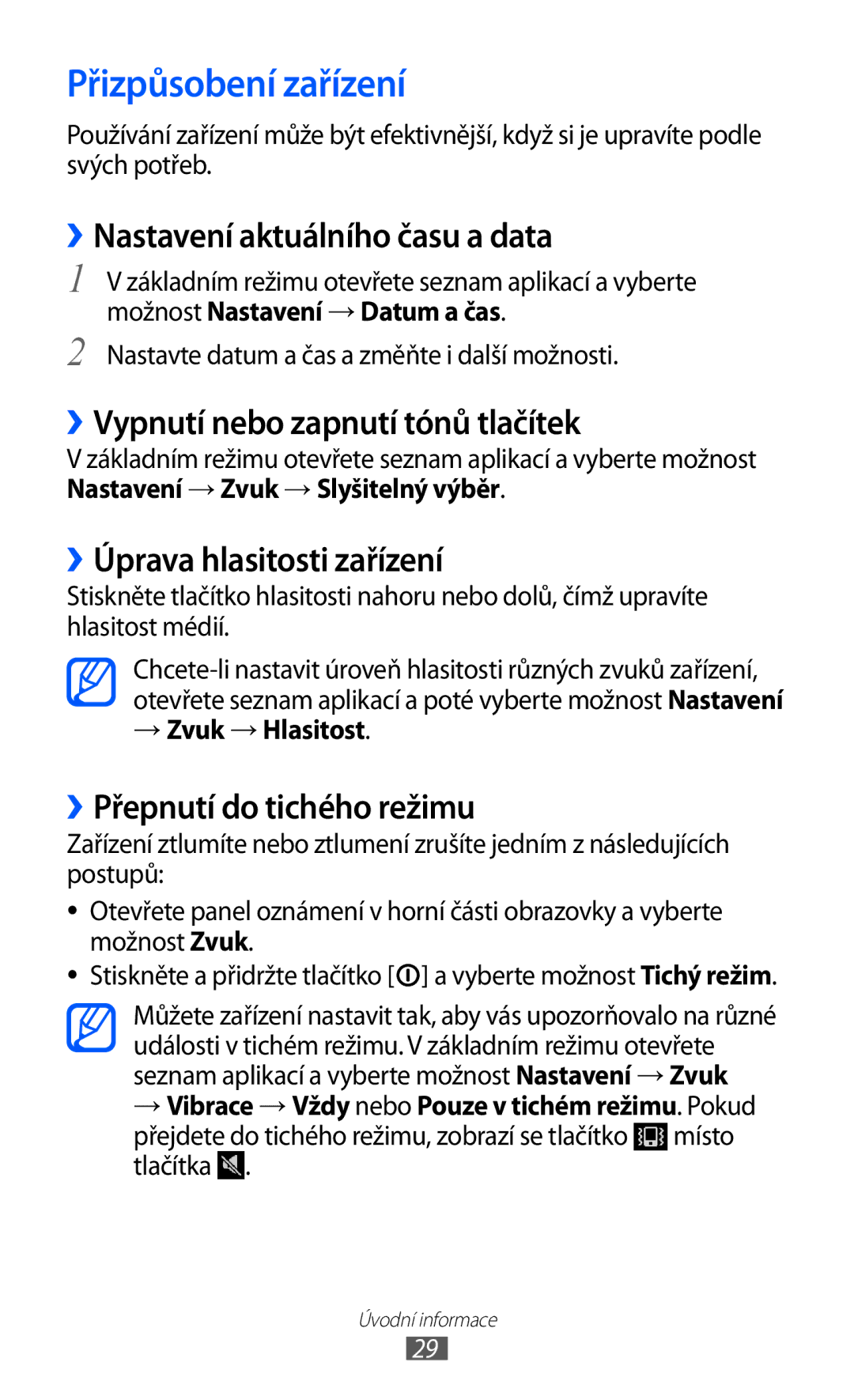 Samsung YP-G1CW/XEZ manual Přizpůsobení zařízení, ››Nastavení aktuálního času a data, ››Vypnutí nebo zapnutí tónů tlačítek 