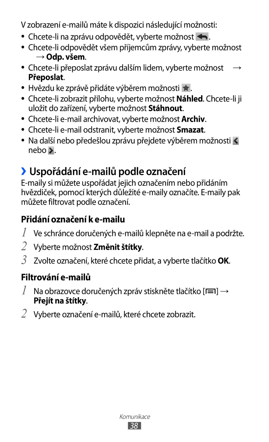 Samsung YP-G1CW/XEZ, YP-GI1CW/ROM, YP-GI1CW/XEZ manual ››Uspořádání e-mailů podle označení, → Odp. všem, Přejít na štítky 