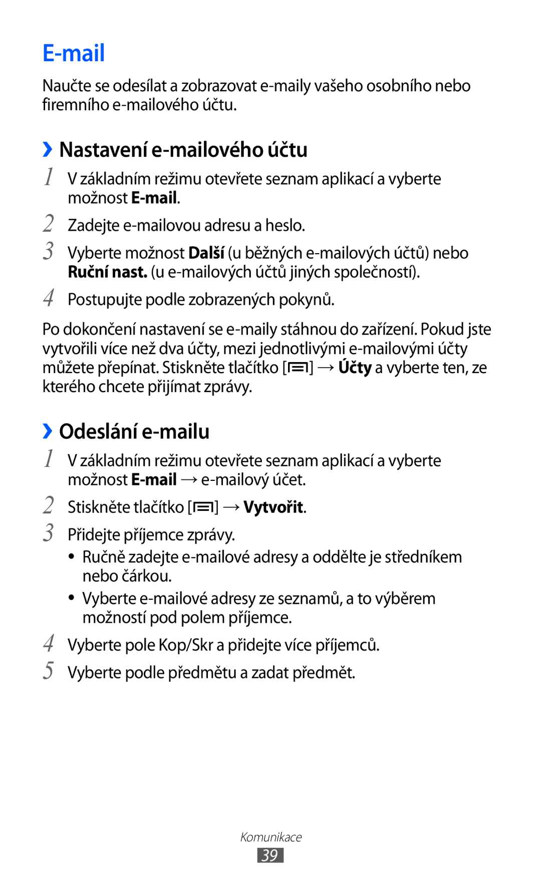 Samsung YP-GI1CW/ROM, YP-GI1CW/XEZ, YP-G1CW/XEZ manual Mail, ››Nastavení e-mailového účtu 