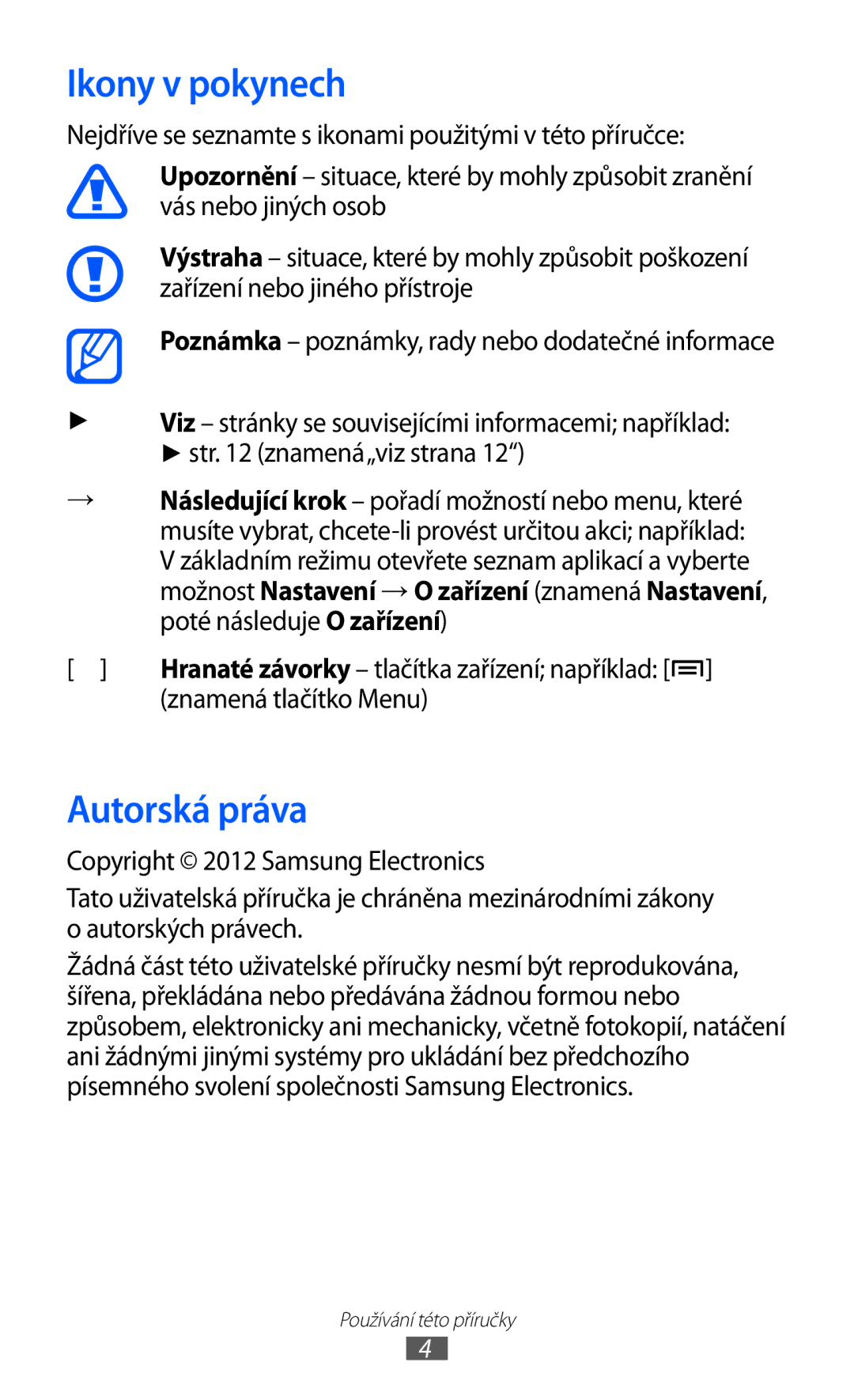 Samsung YP-GI1CW/XEZ, YP-GI1CW/ROM, YP-G1CW/XEZ manual Ikony v pokynech, Autorská práva 