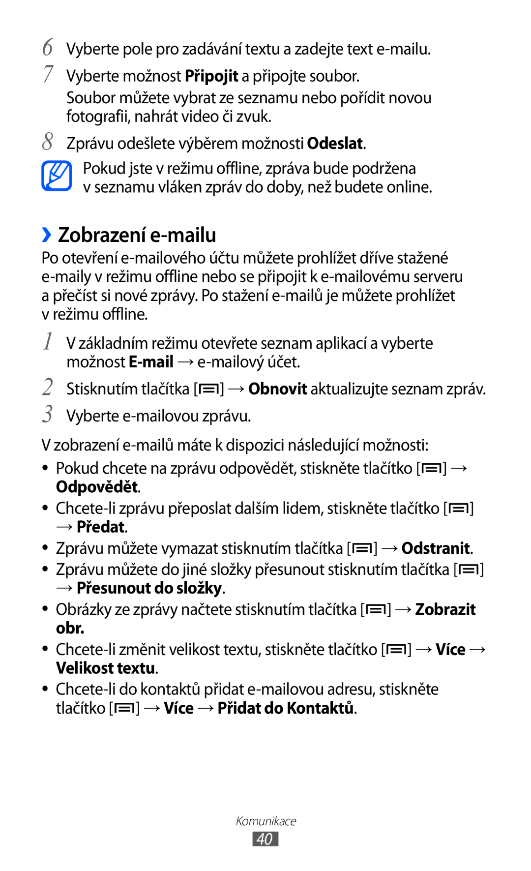 Samsung YP-GI1CW/XEZ, YP-GI1CW/ROM, YP-G1CW/XEZ manual ››Zobrazení e-mailu, → Přesunout do složky, Obr 