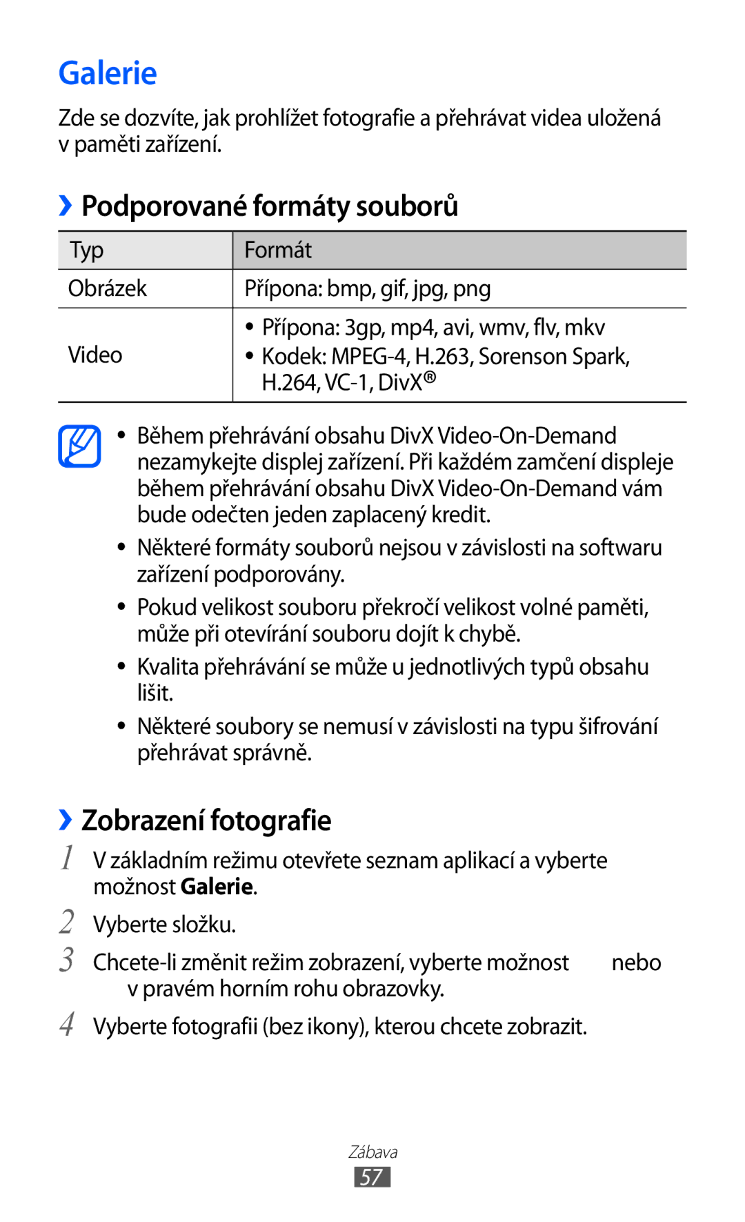 Samsung YP-GI1CW/ROM, YP-GI1CW/XEZ, YP-G1CW/XEZ manual Galerie, Podporované formáty souborů, ››Zobrazení fotografie 