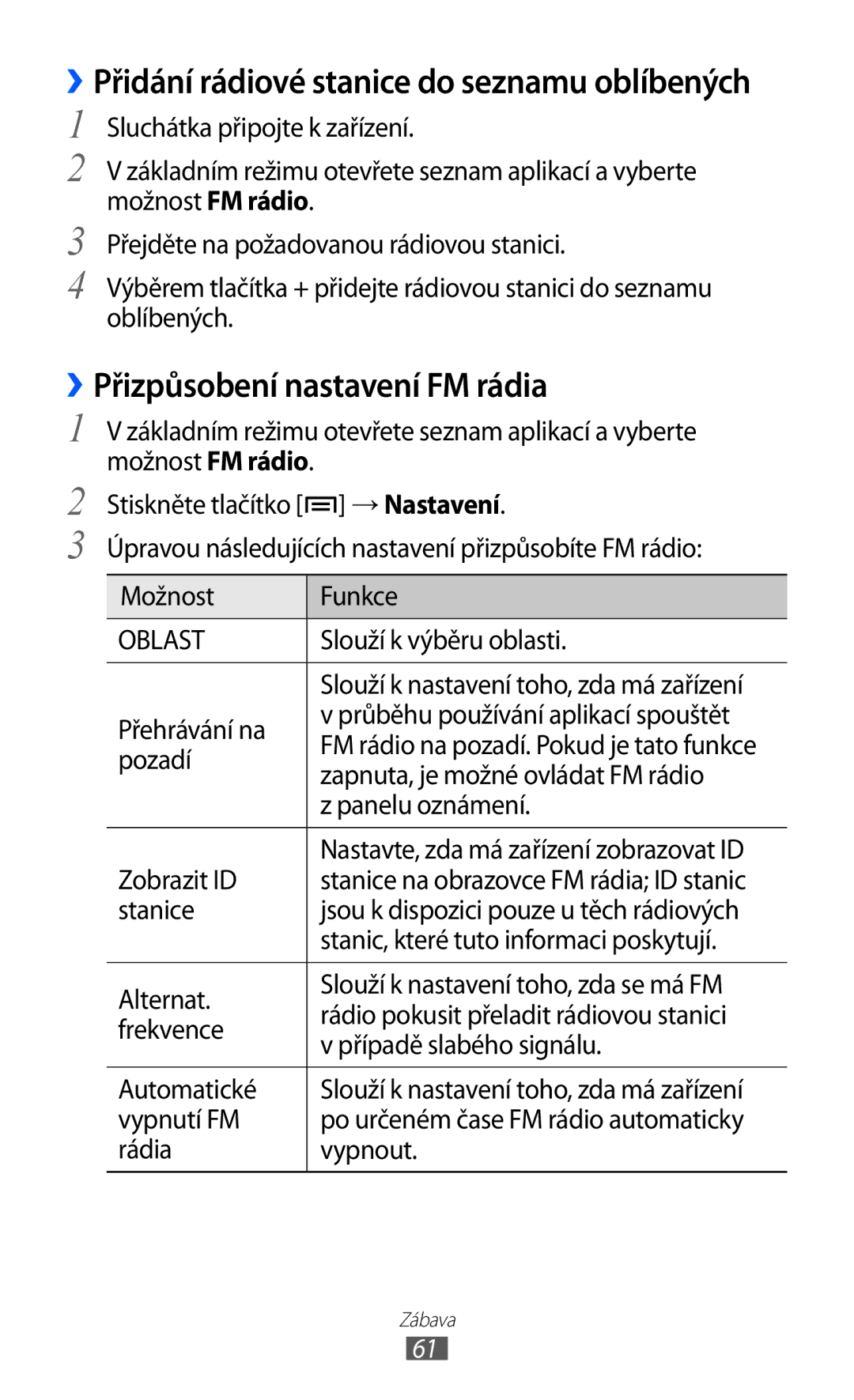 Samsung YP-GI1CW/XEZ, YP-GI1CW/ROM manual ››Přizpůsobení nastavení FM rádia, ››Přidání rádiové stanice do seznamu oblíbených 