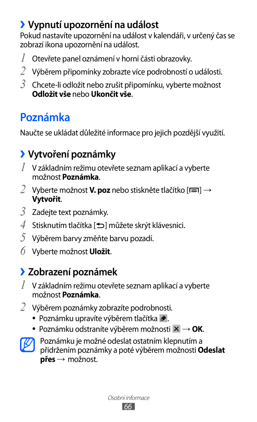 Samsung YP-GI1CW/ROM, YP-GI1CW/XEZ Poznámka, ››Vypnutí upozornění na událost, ››Vytvoření poznámky, ››Zobrazení poznámek 