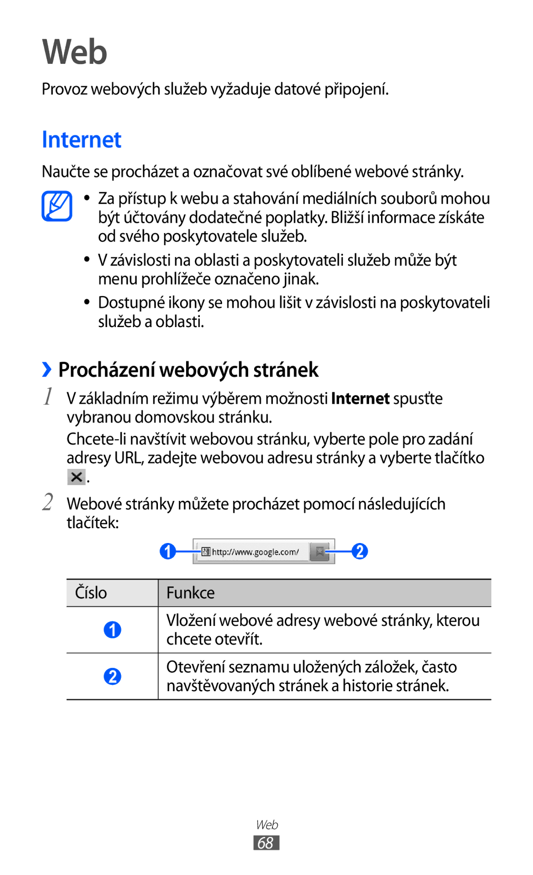 Samsung YP-G1CW/XEZ, YP-GI1CW/ROM, YP-GI1CW/XEZ manual Web, Internet, ››Procházení webových stránek 