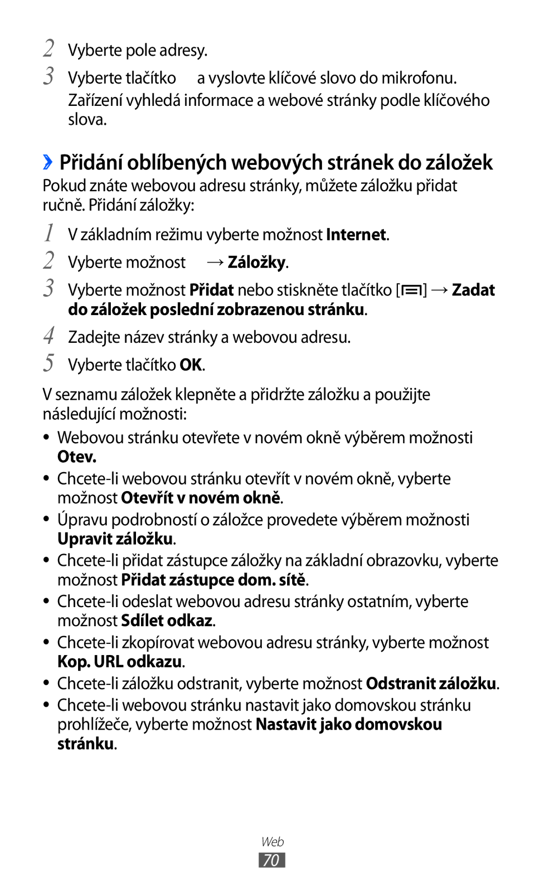 Samsung YP-GI1CW/XEZ, YP-GI1CW/ROM, YP-G1CW/XEZ manual ››Přidání oblíbených webových stránek do záložek, Otev 