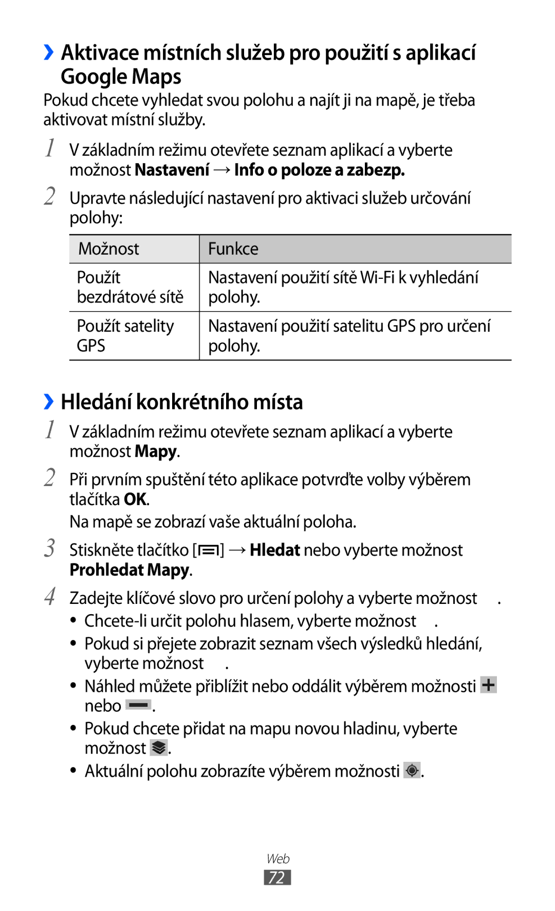 Samsung YP-GI1CW/ROM, YP-GI1CW/XEZ, YP-G1CW/XEZ manual Google Maps, ››Hledání konkrétního místa 