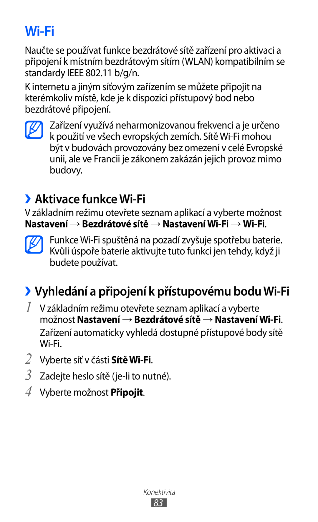 Samsung YP-G1CW/XEZ, YP-GI1CW/ROM manual ››Aktivace funkce Wi-Fi, Nastavení → Bezdrátové sítě → Nastavení Wi-Fi → Wi-Fi 