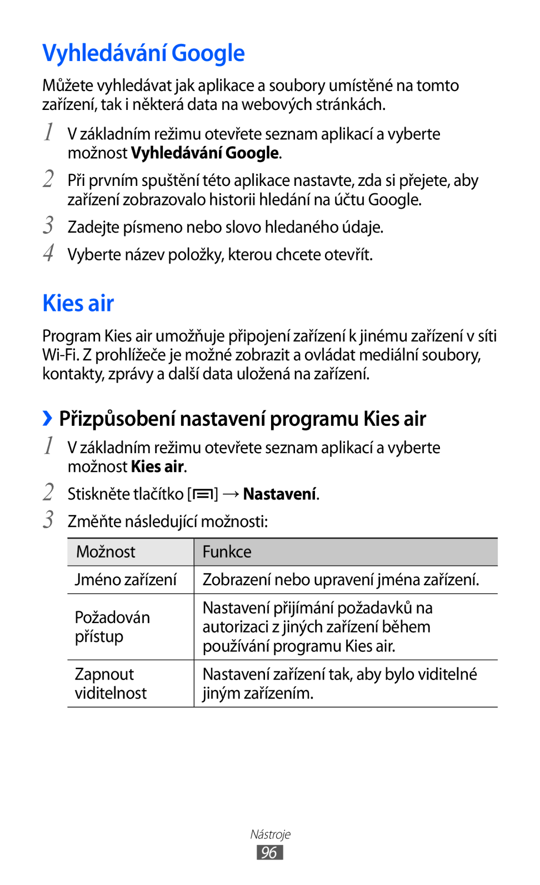 Samsung YP-GI1CW/ROM, YP-GI1CW/XEZ, YP-G1CW/XEZ manual Vyhledávání Google, ››Přizpůsobení nastavení programu Kies air 