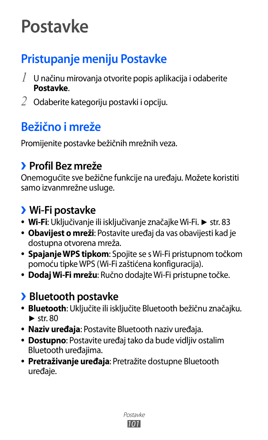 Samsung YP-GI1CW/TRA manual Pristupanje meniju Postavke, Bežično i mreže 