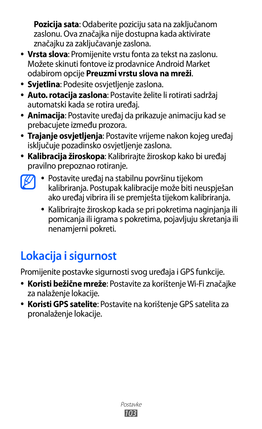 Samsung YP-GI1CW/TRA manual Lokacija i sigurnost, Svjetlina Podesite osvjetljenje zaslona 