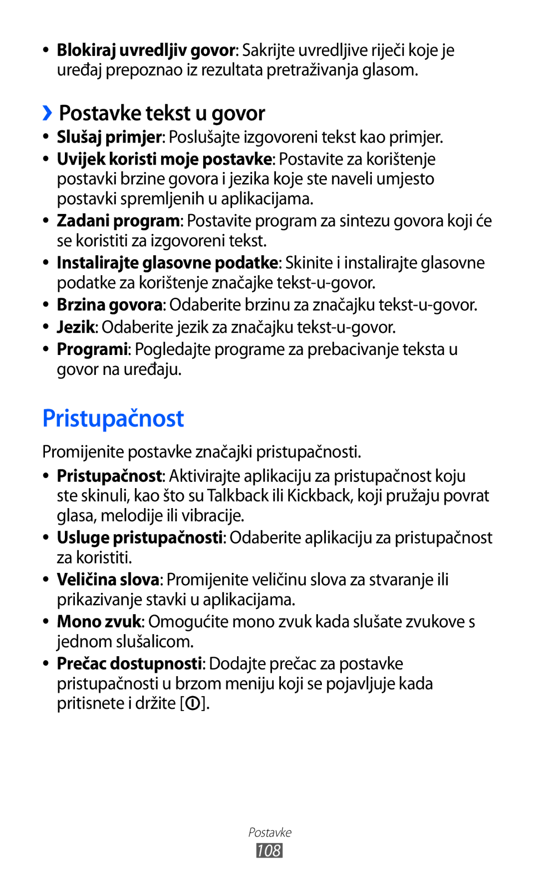 Samsung YP-GI1CW/TRA manual Pristupačnost, ››Postavke tekst u govor, Slušaj primjer Poslušajte izgovoreni tekst kao primjer 