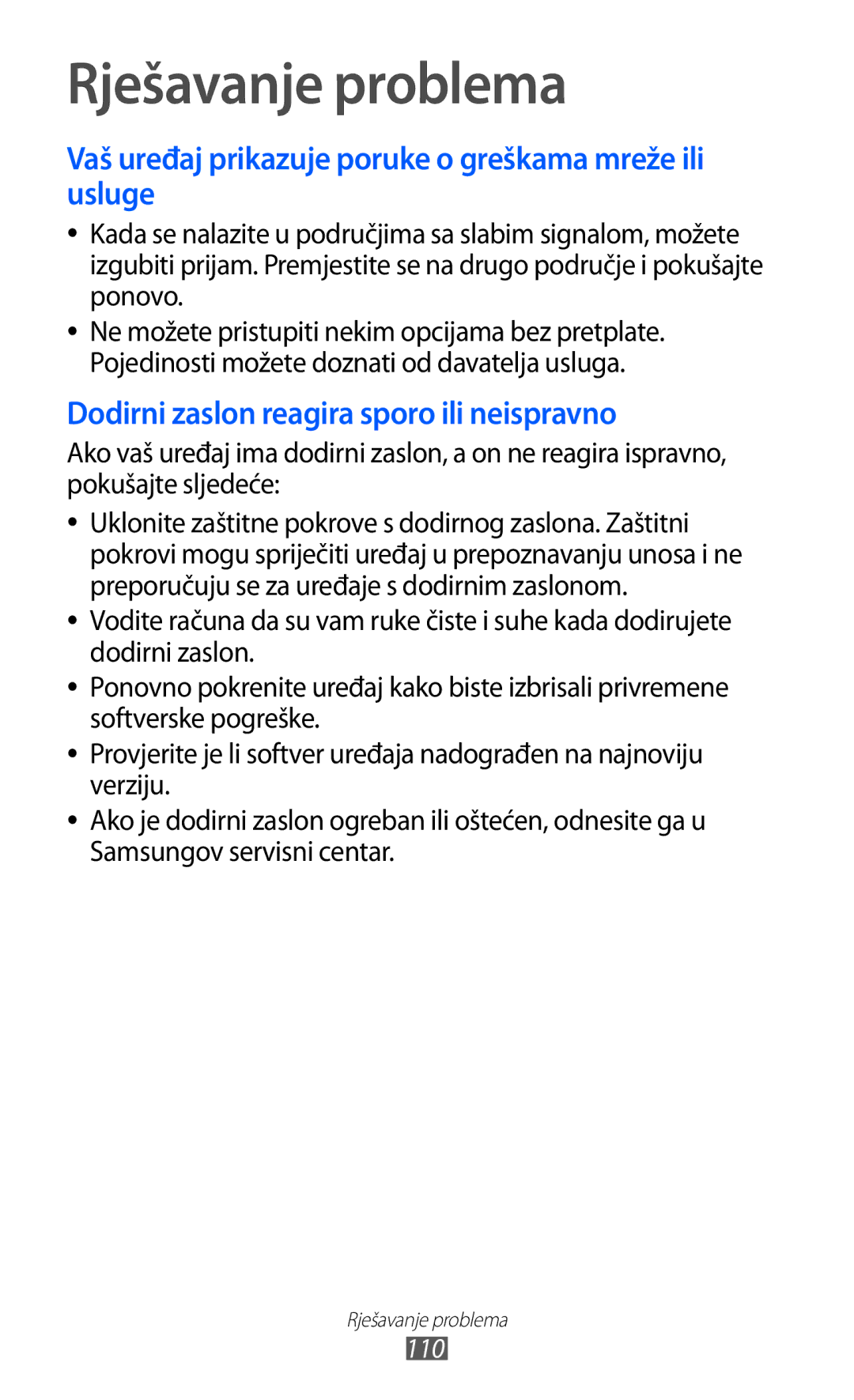 Samsung YP-GI1CW/TRA manual Rješavanje problema, Vaš uređaj prikazuje poruke o greškama mreže ili usluge 