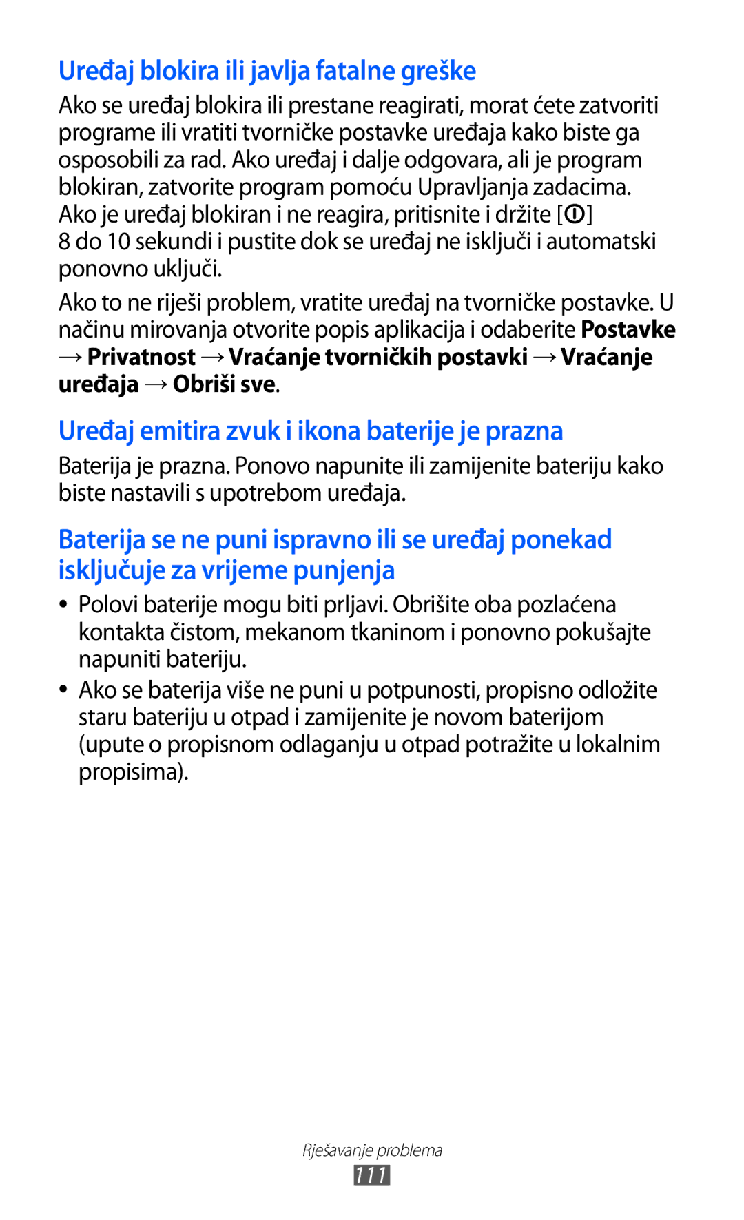 Samsung YP-GI1CW/TRA manual Uređaj blokira ili javlja fatalne greške 