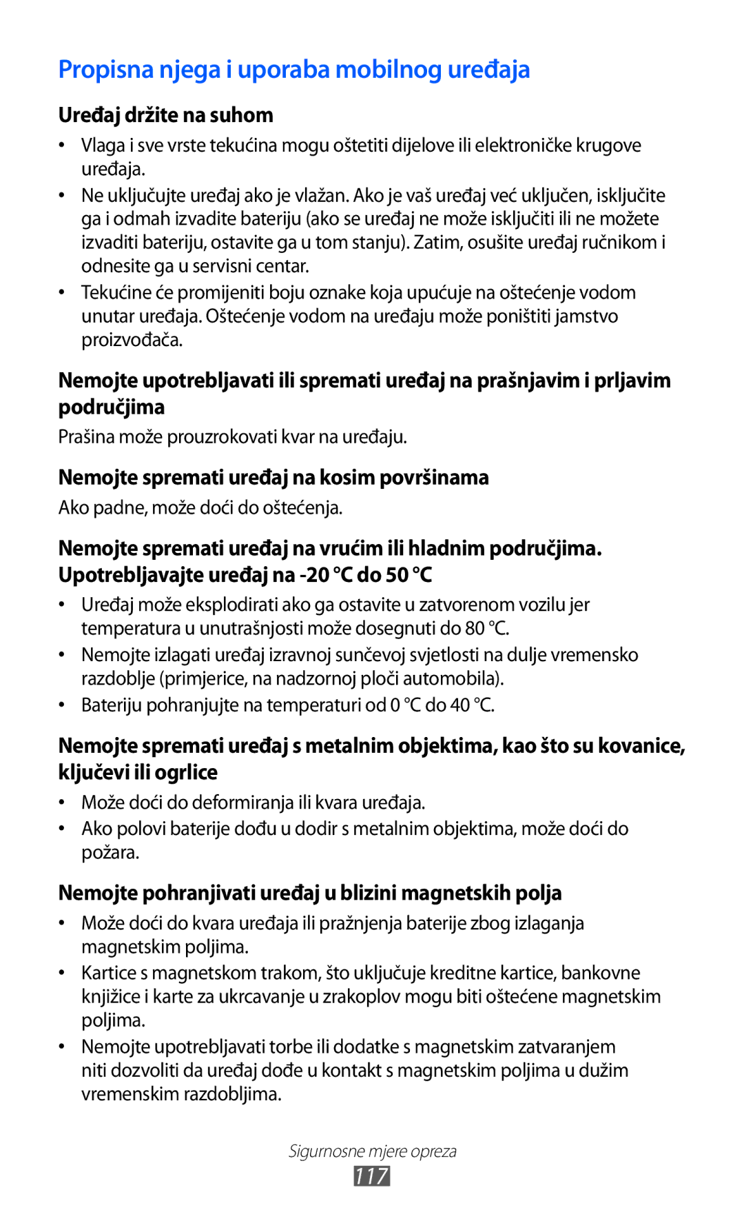 Samsung YP-GI1CW/TRA manual Propisna njega i uporaba mobilnog uređaja 