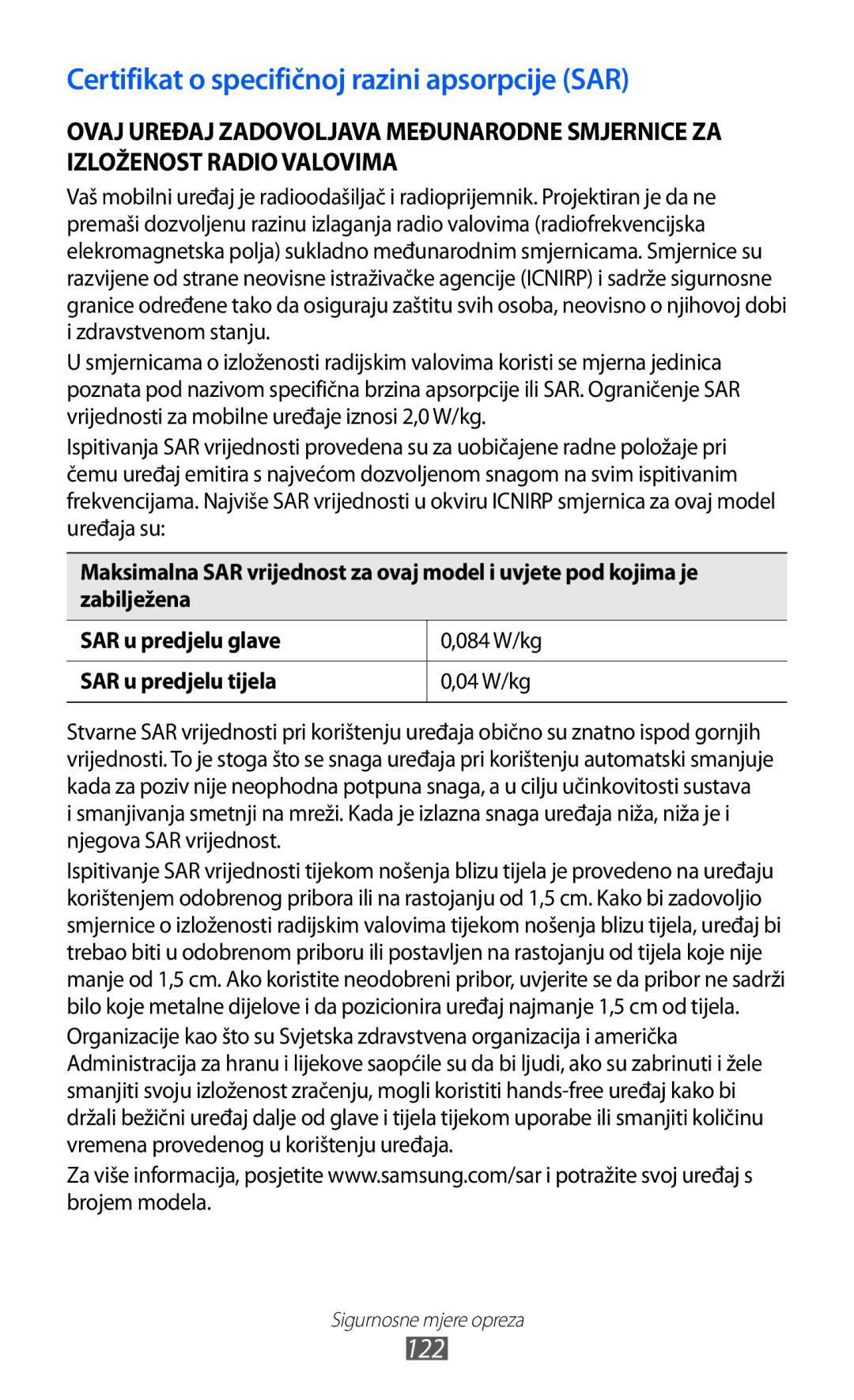 Samsung YP-GI1CW/TRA manual Certifikat o specifičnoj razini apsorpcije SAR 