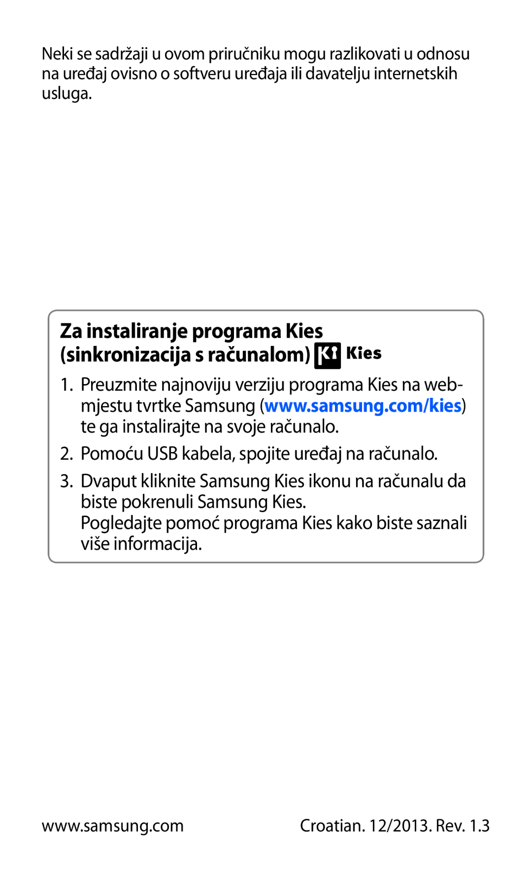 Samsung YP-GI1CW/TRA manual Za instaliranje programa Kies sinkronizacija s računalom 