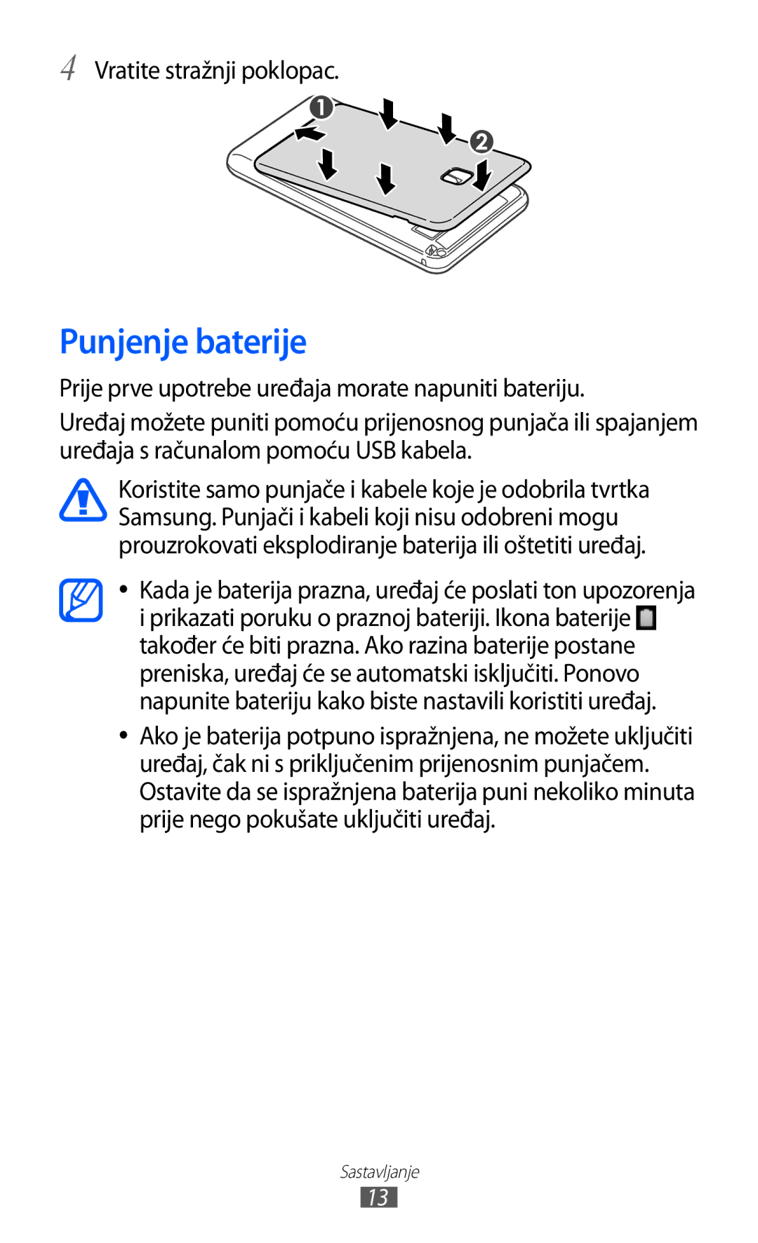 Samsung YP-GI1CW/TRA manual Punjenje baterije, Vratite stražnji poklopac 