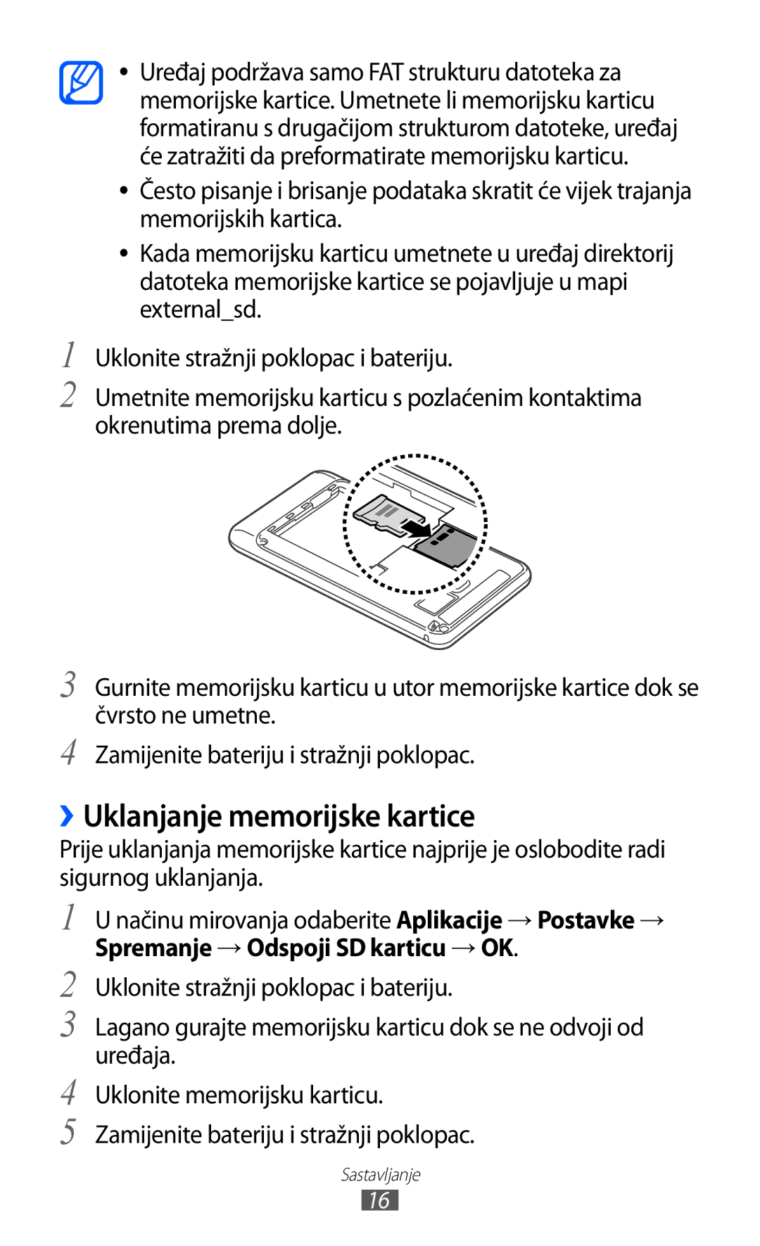 Samsung YP-GI1CW/TRA manual ››Uklanjanje memorijske kartice, Spremanje → Odspoji SD karticu → OK 