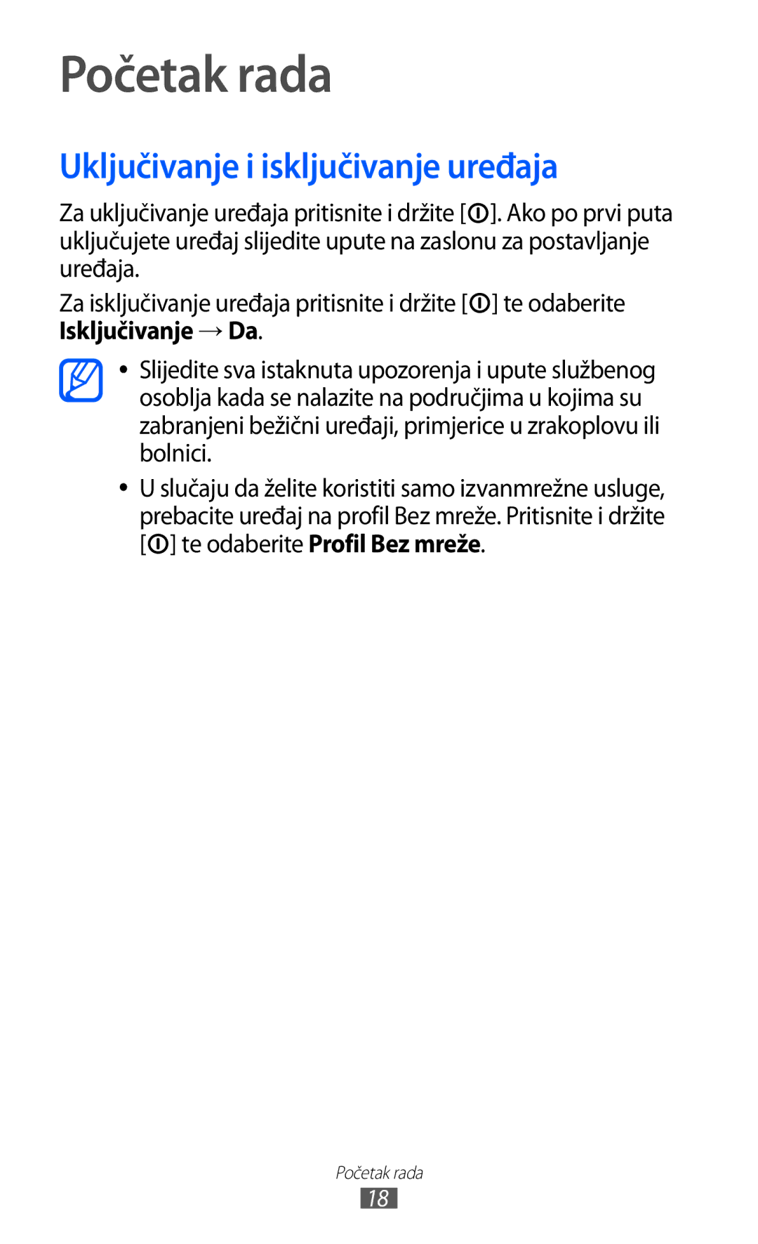 Samsung YP-GI1CW/TRA manual Početak rada, Uključivanje i isključivanje uređaja 