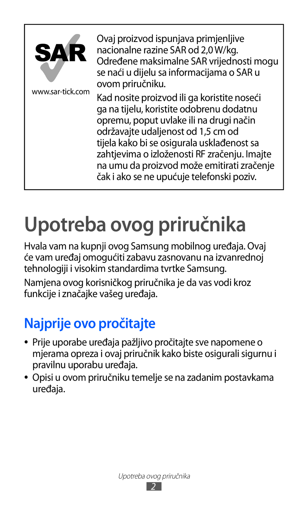 Samsung YP-GI1CW/TRA manual Upotreba ovog priručnika, Najprije ovo pročitajte 