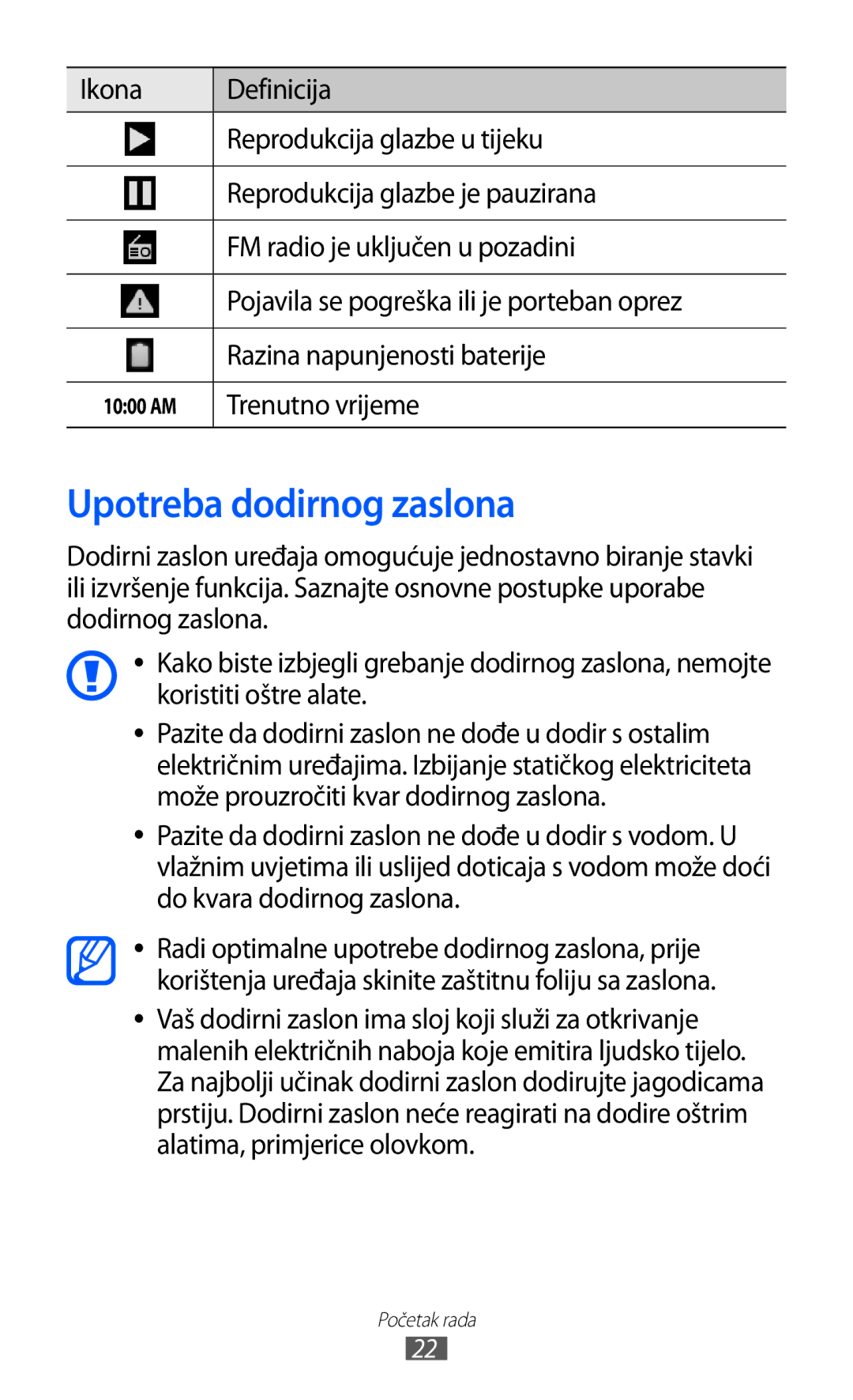 Samsung YP-GI1CW/TRA manual Upotreba dodirnog zaslona, Trenutno vrijeme 