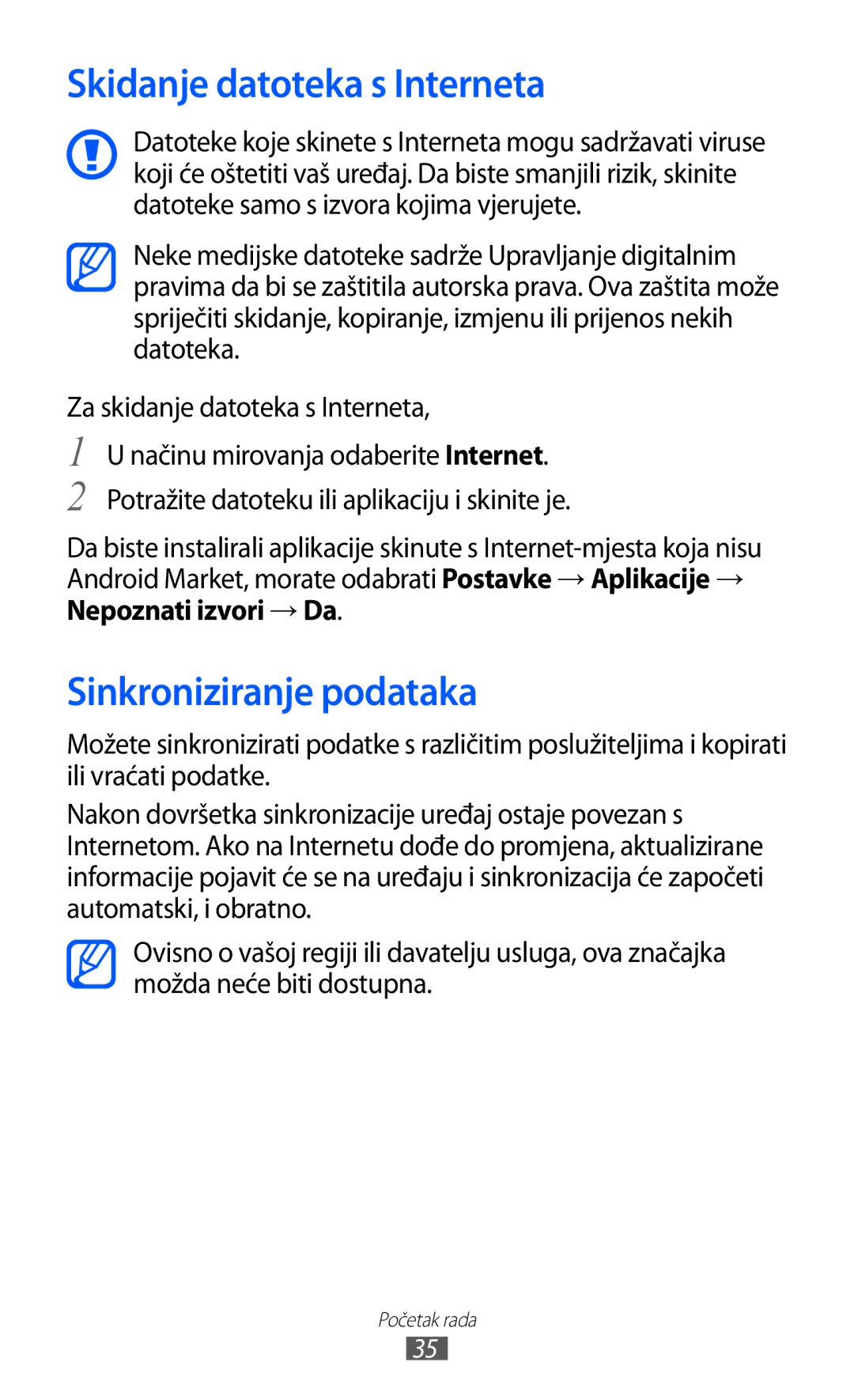 Samsung YP-GI1CW/TRA manual Skidanje datoteka s Interneta, Sinkroniziranje podataka, Nepoznati izvori → Da 