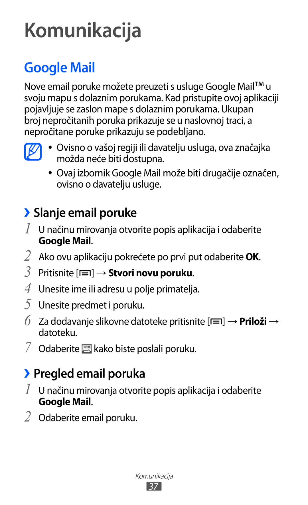 Samsung YP-GI1CW/TRA manual Komunikacija, Google Mail, ››Slanje email poruke, ››Pregled email poruka 