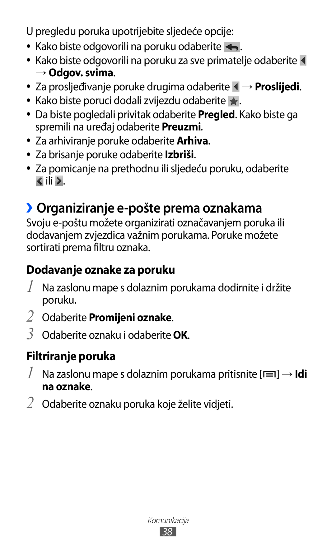 Samsung YP-GI1CW/TRA manual ››Organiziranje e-pošte prema oznakama, → Odgov. svima, Odaberite Promijeni oznake, Na oznake 