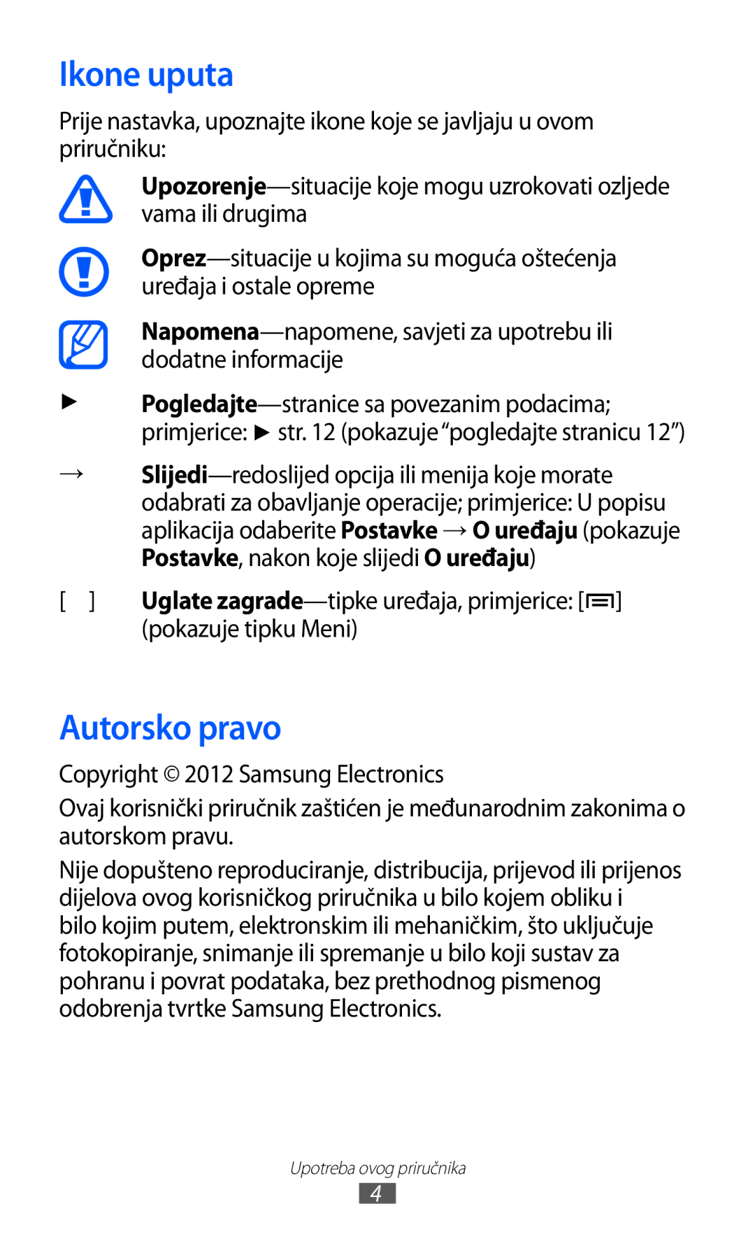 Samsung YP-GI1CW/TRA manual Ikone uputa, Autorsko pravo, Pokazuje tipku Meni 