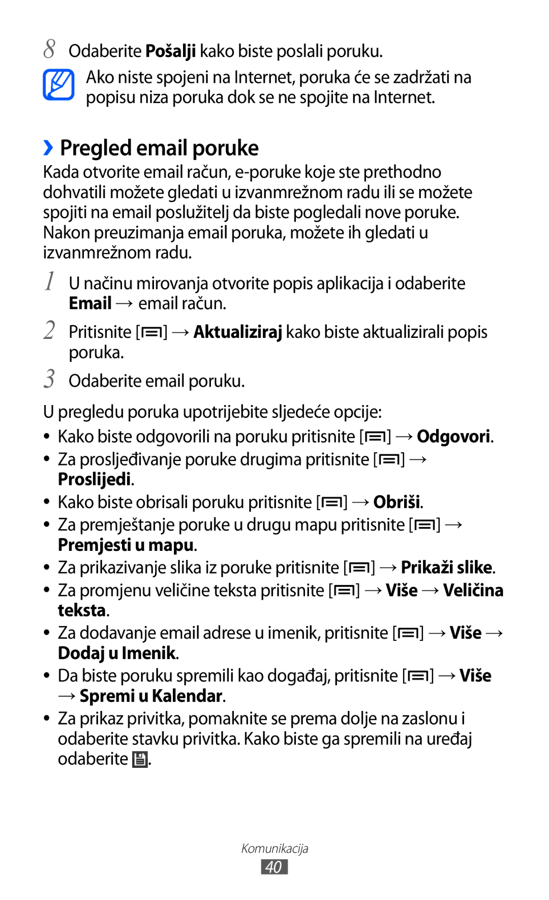 Samsung YP-GI1CW/TRA manual ››Pregled email poruke, Odaberite Pošalji kako biste poslali poruku, Proslijedi, Teksta 