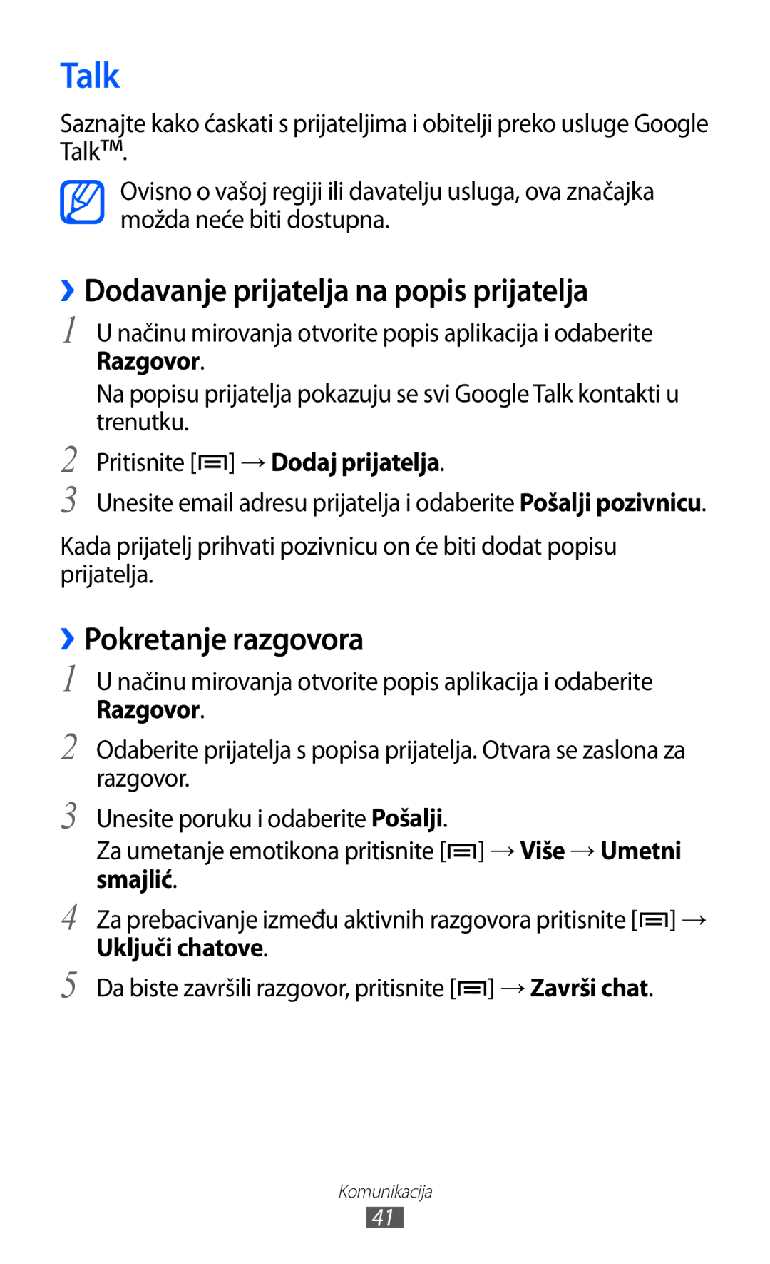 Samsung YP-GI1CW/TRA manual Talk, ››Dodavanje prijatelja na popis prijatelja, ››Pokretanje razgovora 