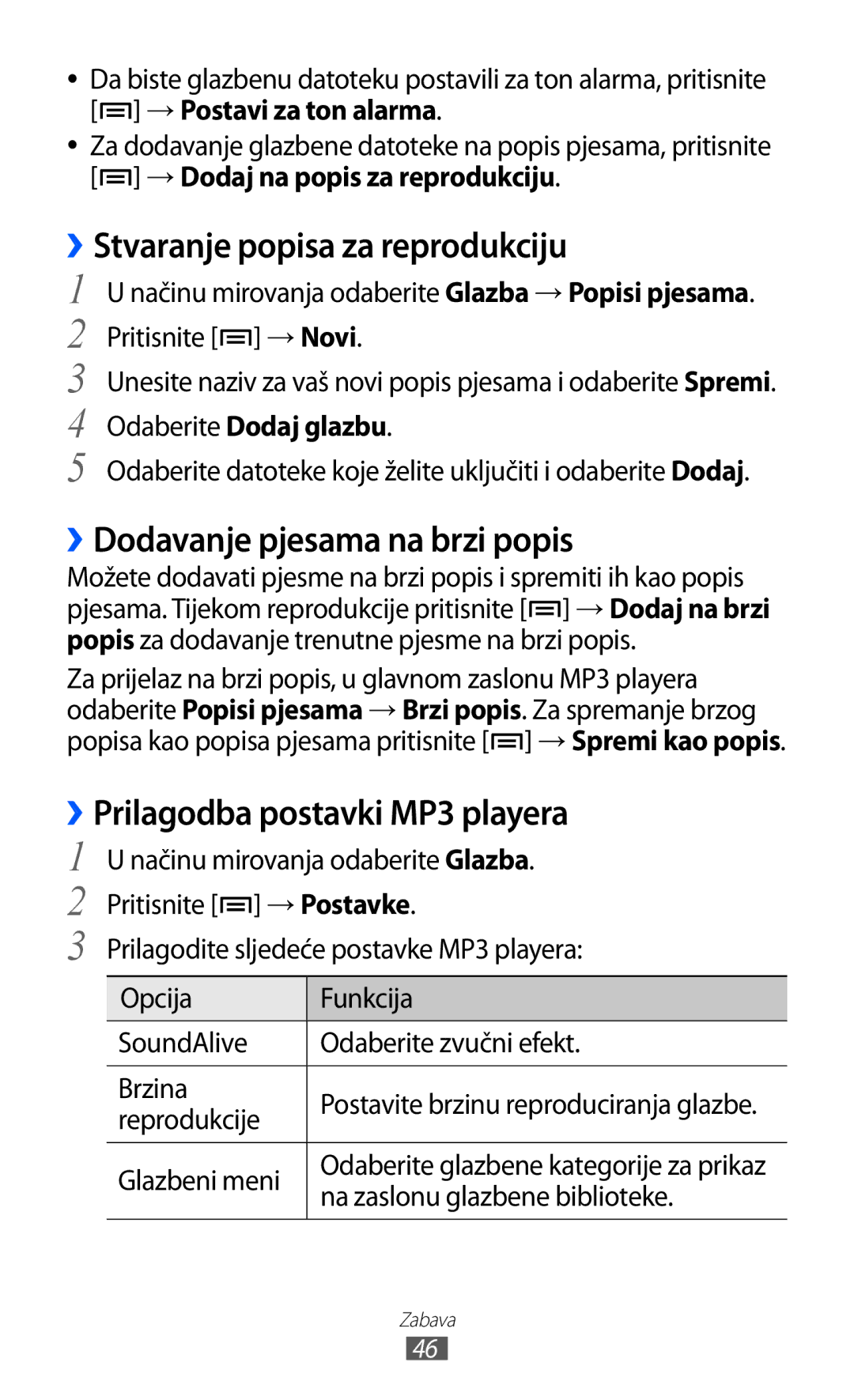 Samsung YP-GI1CW/TRA ››Dodavanje pjesama na brzi popis, ››Prilagodba postavki MP3 playera, Reprodukcije, Glazbeni meni 