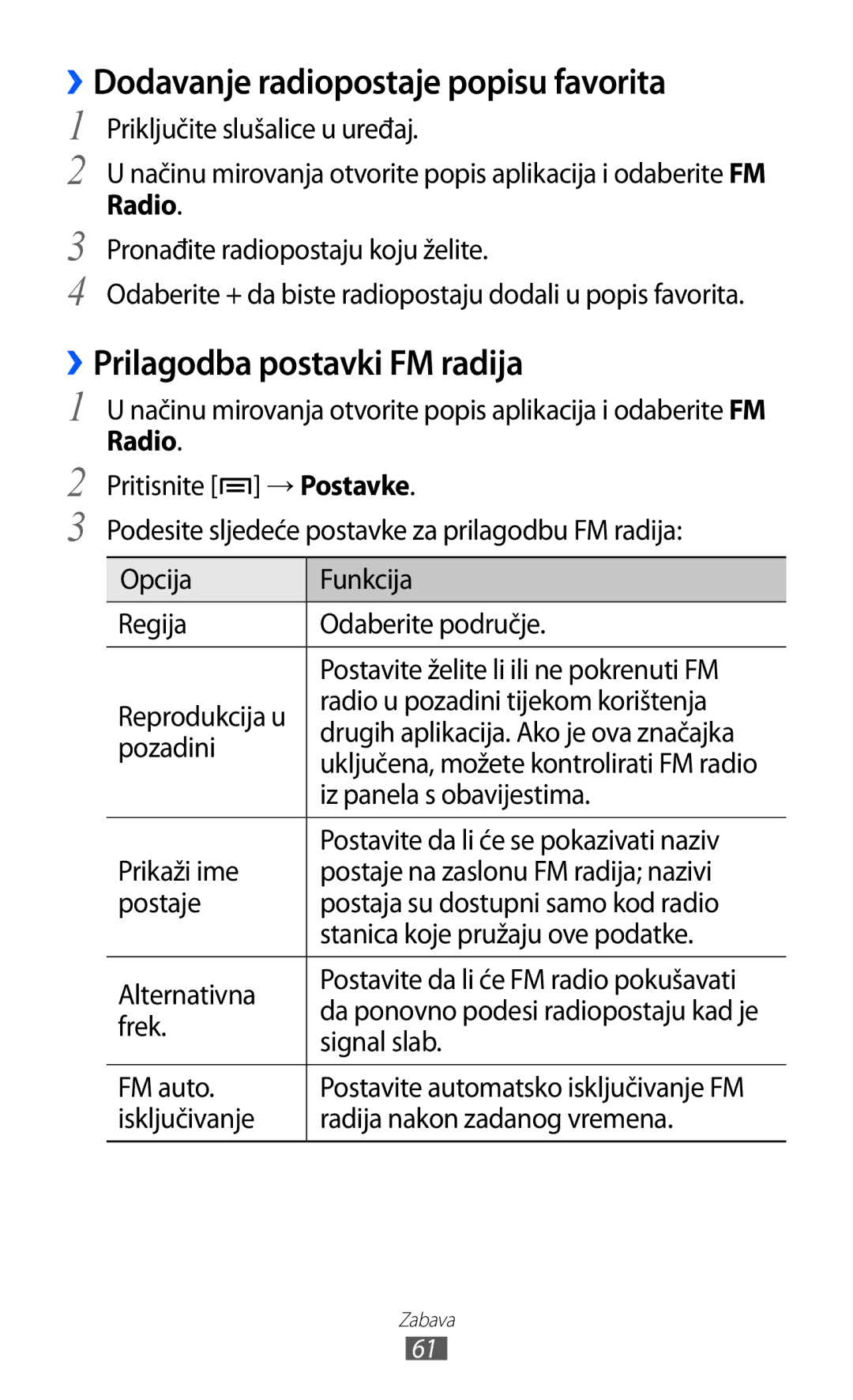 Samsung YP-GI1CW/TRA manual ››Dodavanje radiopostaje popisu favorita, ››Prilagodba postavki FM radija 