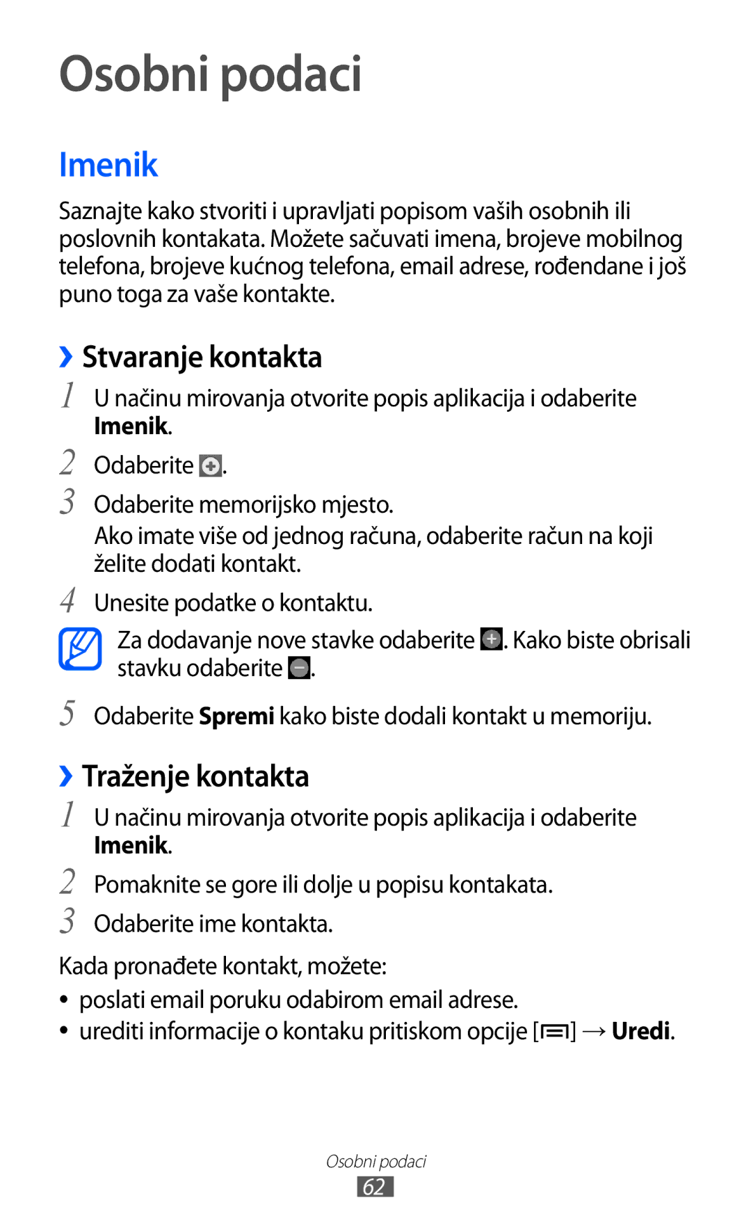 Samsung YP-GI1CW/TRA manual Osobni podaci, Imenik, ››Stvaranje kontakta, ››Traženje kontakta 