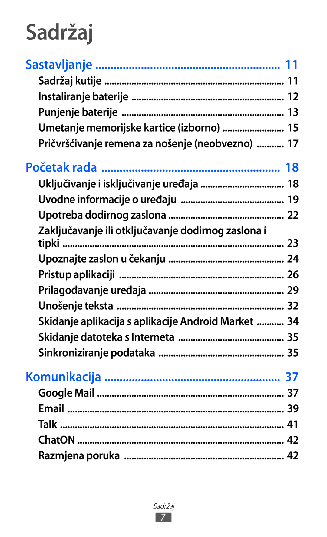 Samsung YP-GI1CW/TRA manual Sadržaj, Sastavljanje 