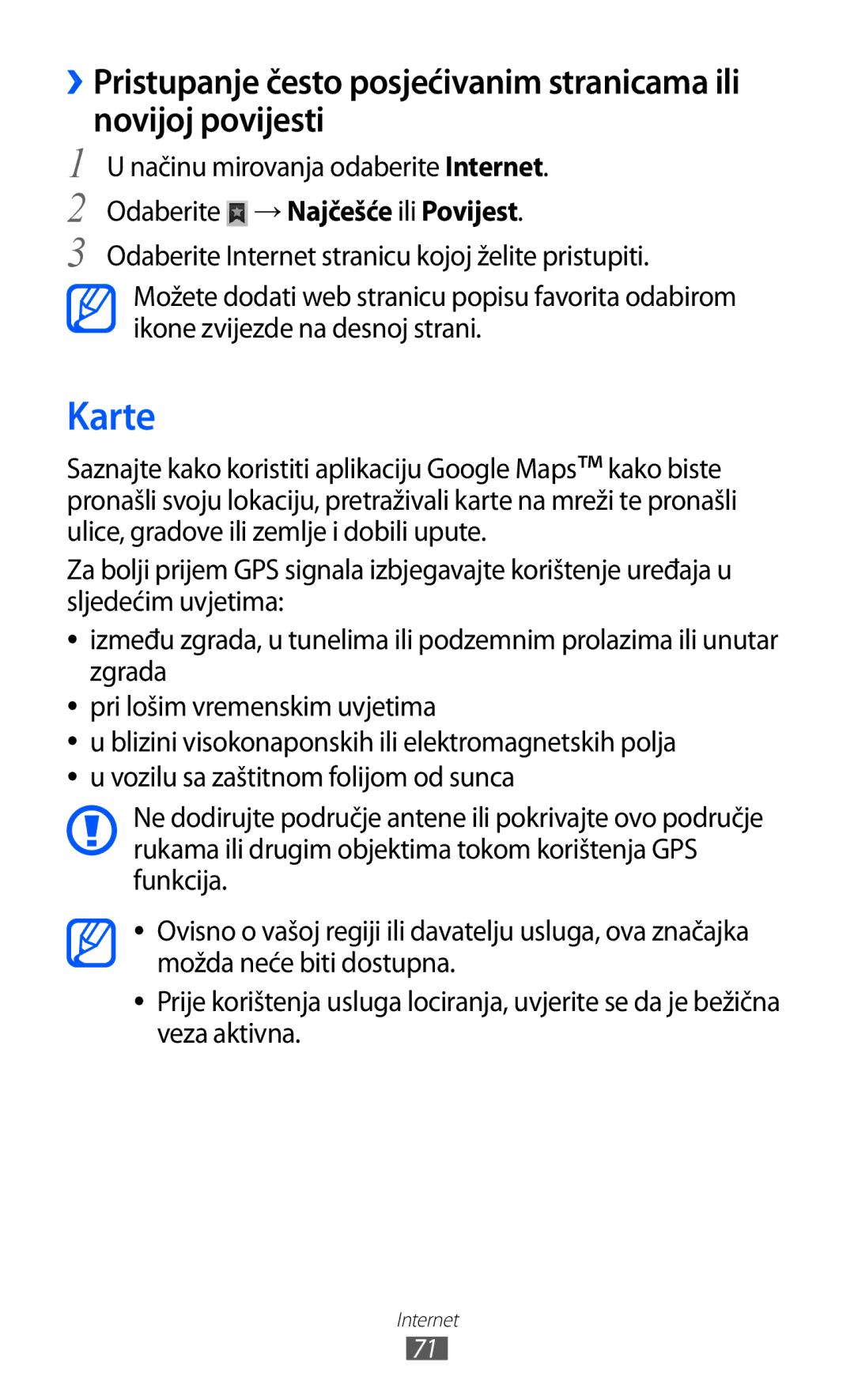 Samsung YP-GI1CW/TRA manual Karte, Odaberite → Najčešće ili Povijest 