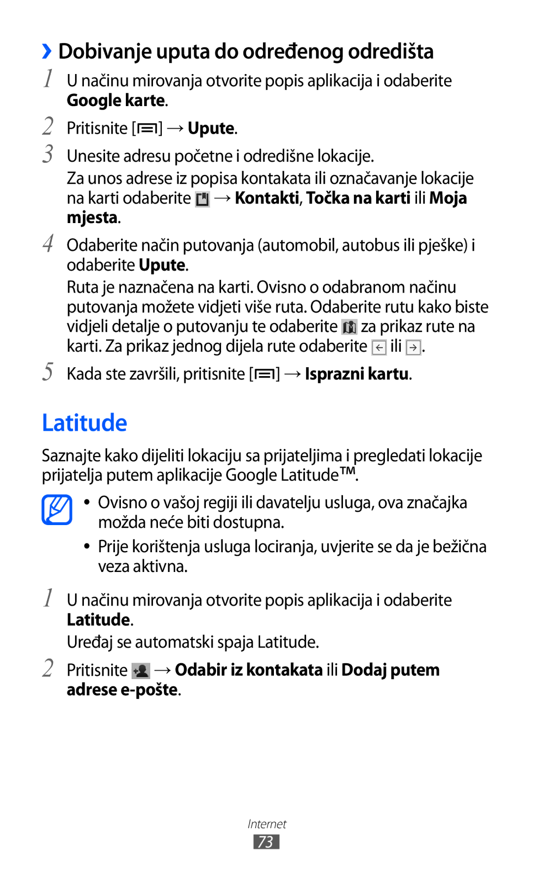 Samsung YP-GI1CW/TRA manual Latitude, ››Dobivanje uputa do određenog odredišta, Google karte 