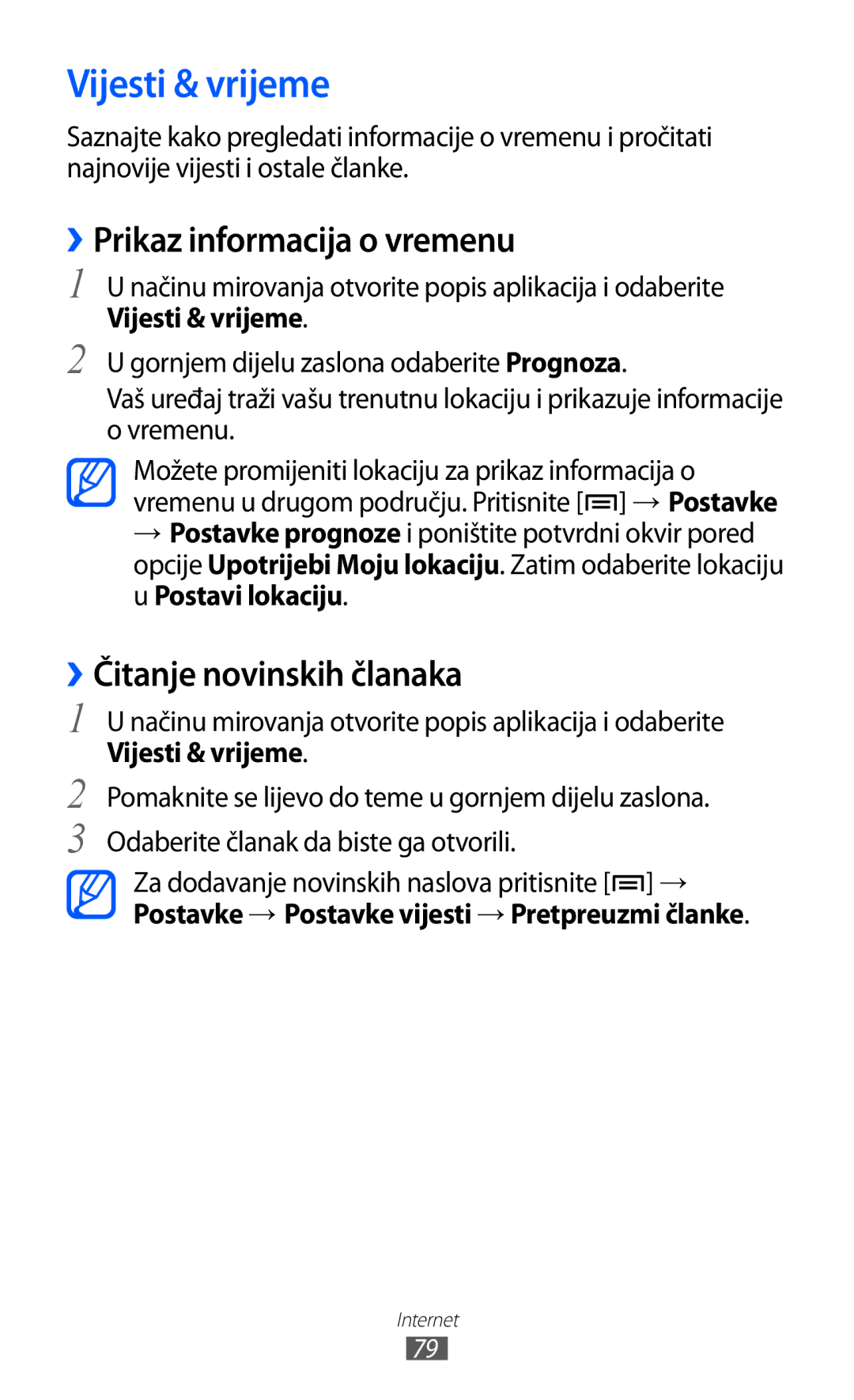 Samsung YP-GI1CW/TRA manual Vijesti & vrijeme, ››Prikaz informacija o vremenu, ››Čitanje novinskih članaka 