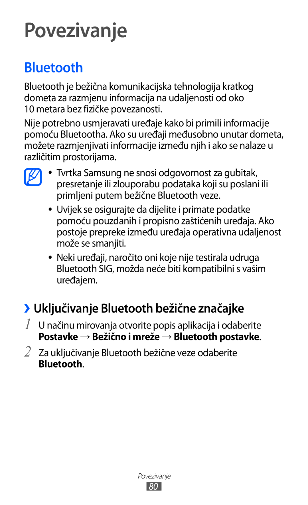 Samsung YP-GI1CW/TRA manual Povezivanje, ››Uključivanje Bluetooth bežične značajke 