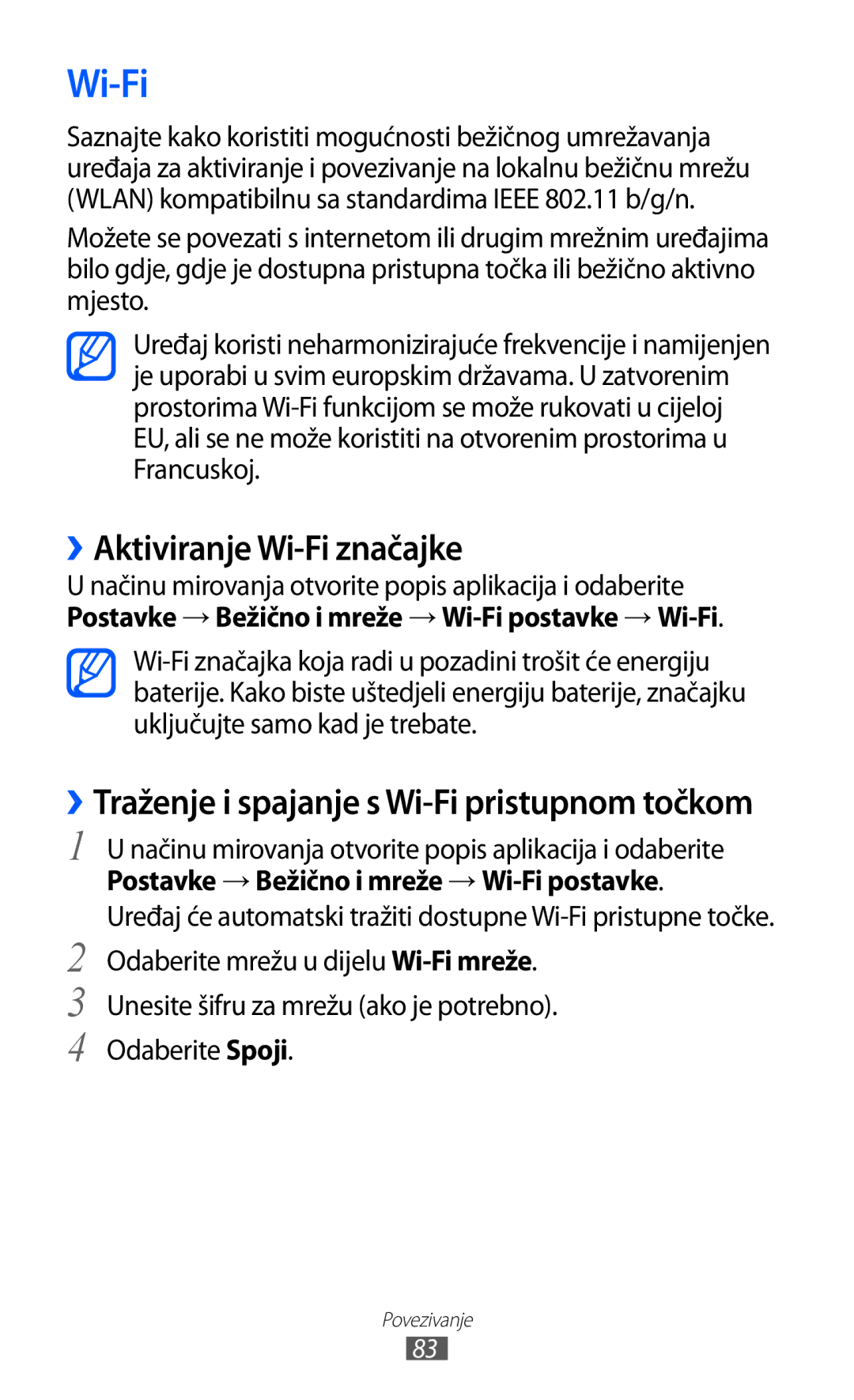 Samsung YP-GI1CW/TRA manual ››Aktiviranje Wi-Fi značajke, Postavke → Bežično i mreže → Wi-Fi postavke → Wi-Fi 